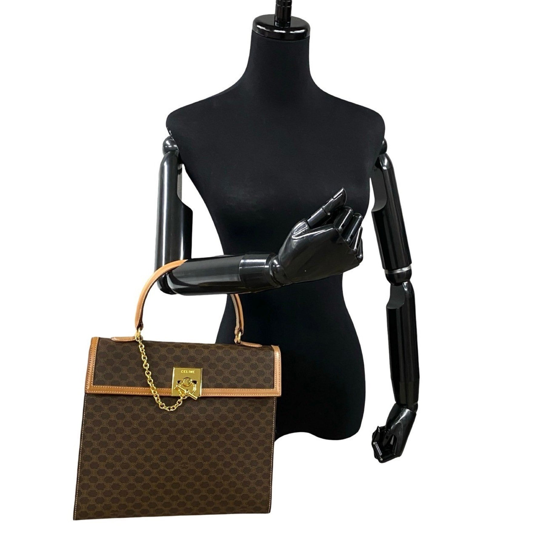 CELINE Macadam Blason Triomphe Print Logo Ring Hardware Leather Handbag Mini Tote Bag 328-8