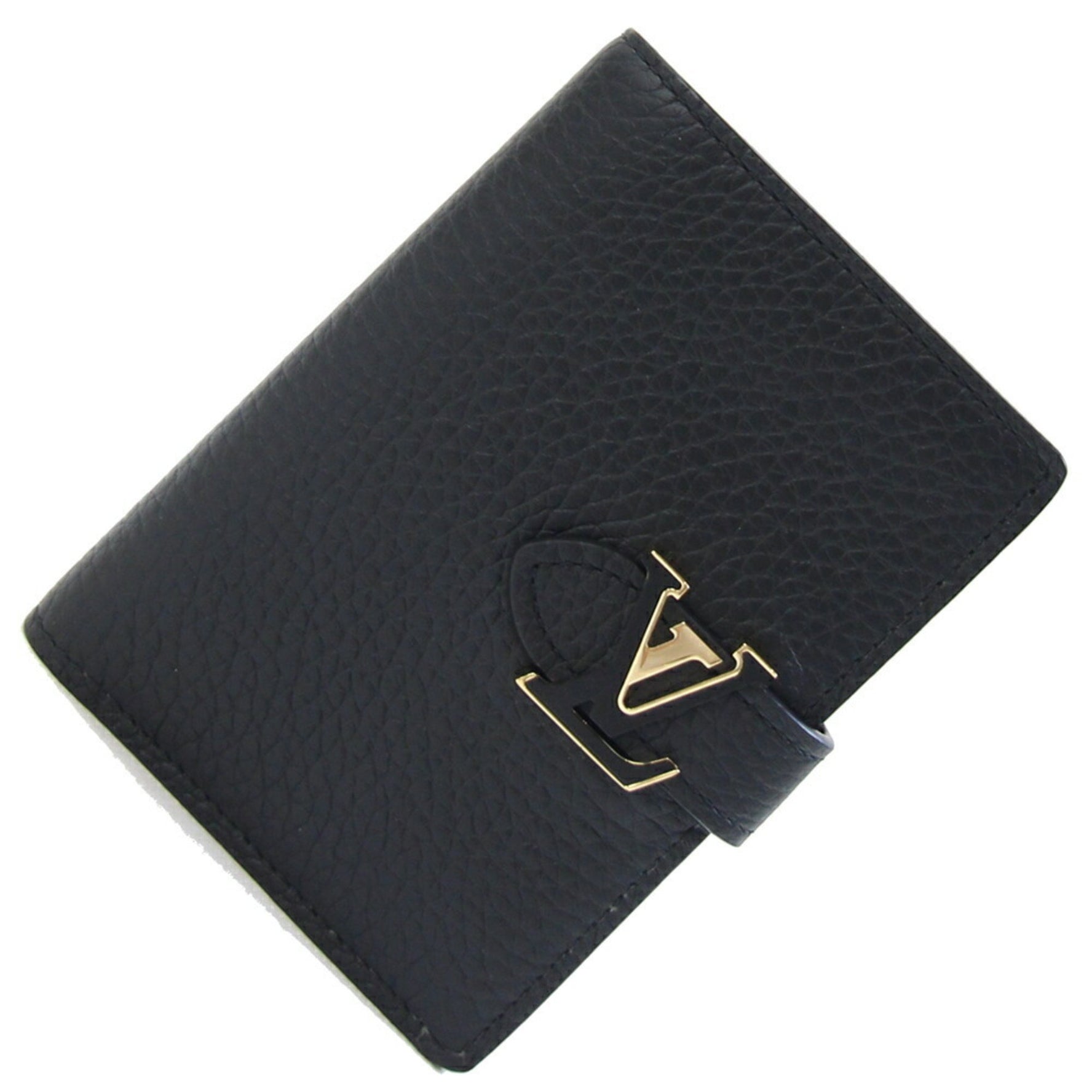 Louis Vuitton Bi-fold Wallet LV Vertical Compact Noir Taurillon Leather Mini Black Beige