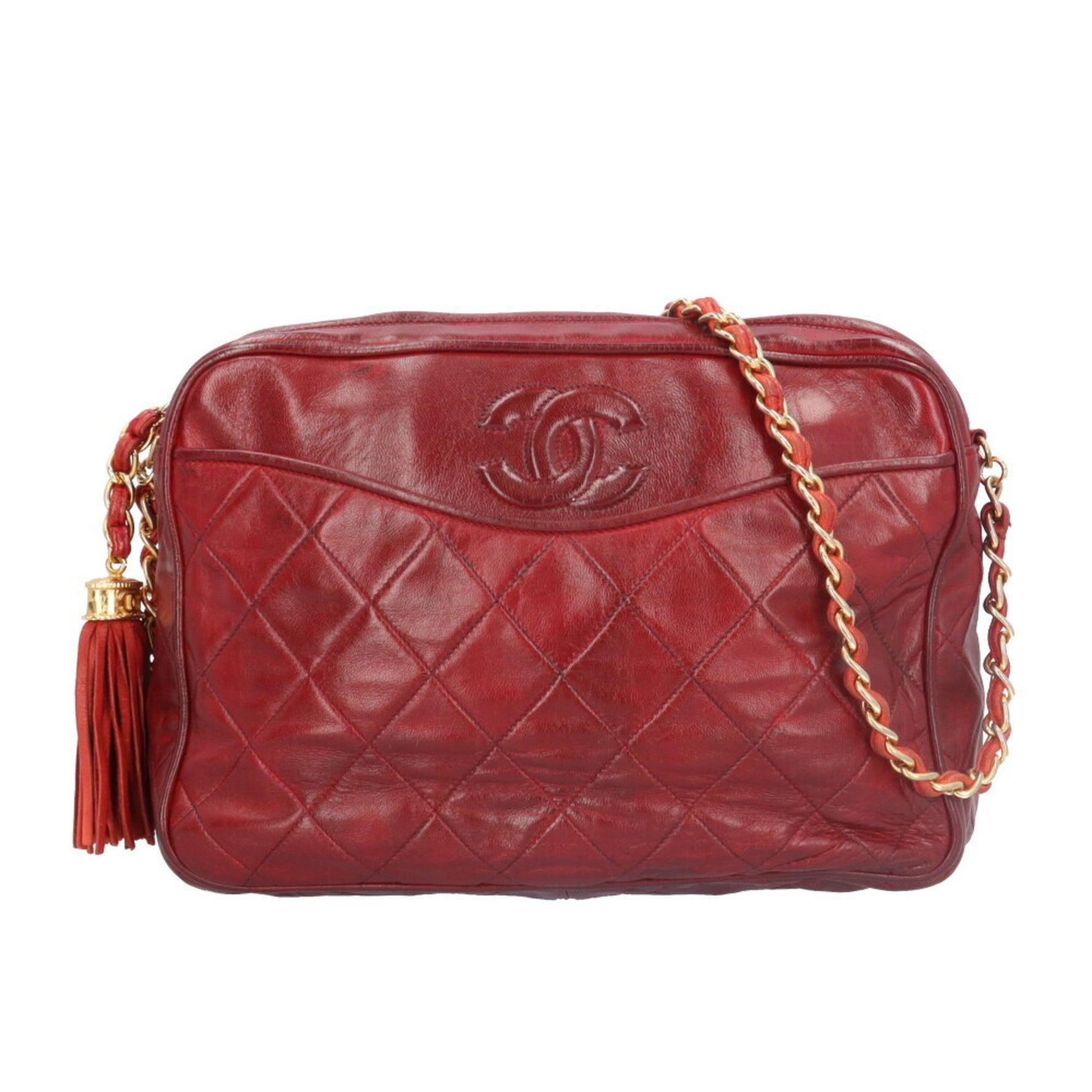 Chanel Coco Mark Matelasse Shoulder Bag, Lambskin, Red, Women's, CHANEL Chain Tassel