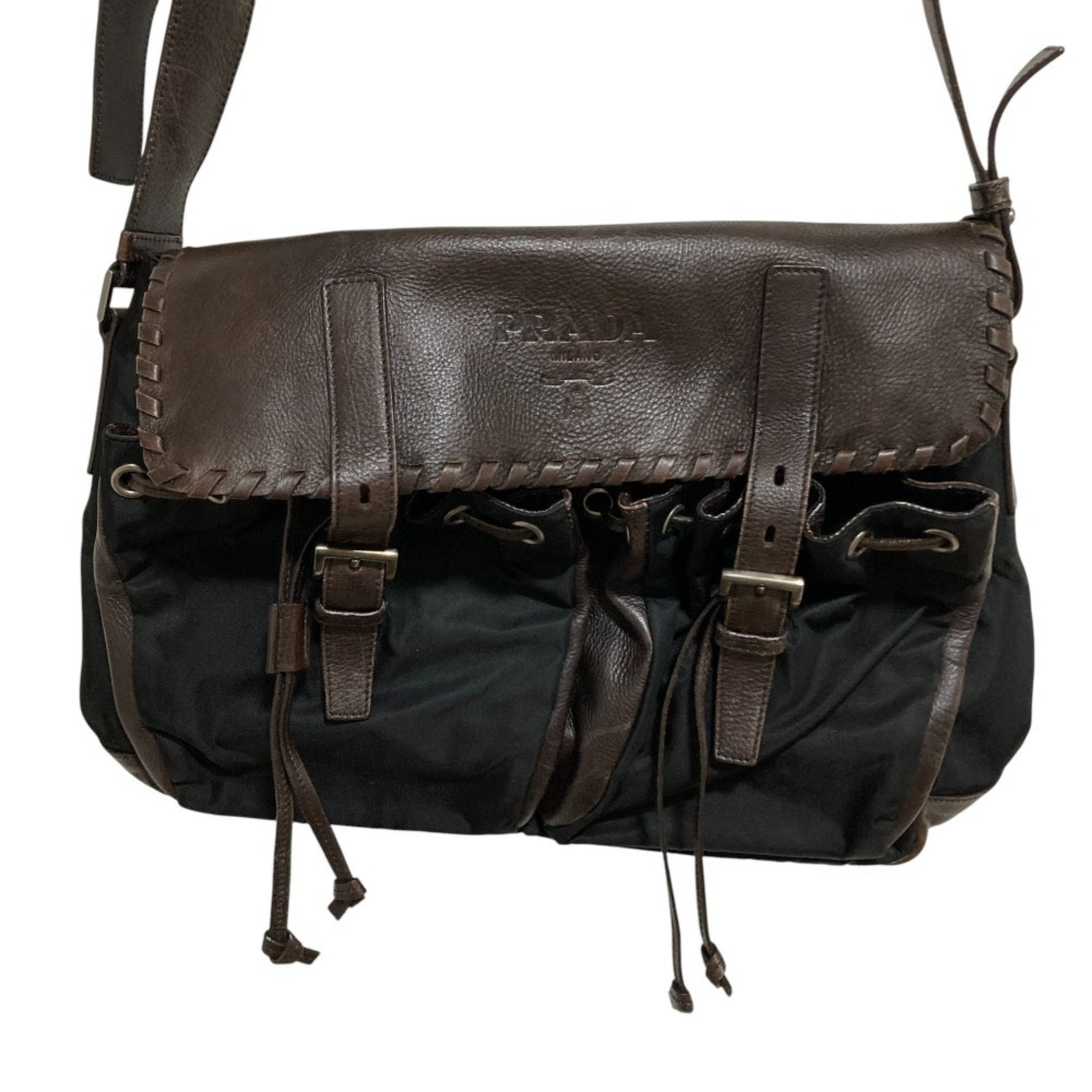 PRADA Leather and Nylon Shoulder Bag/Messenger Bag Brown/Black Women
