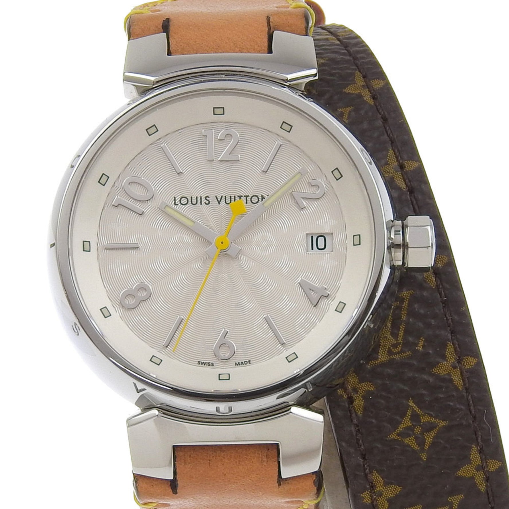 Louis Vuitton Tambour Watch Q1313 Stainless Steel x Monogram Canvas Quartz Analog Display White Dial Women's
