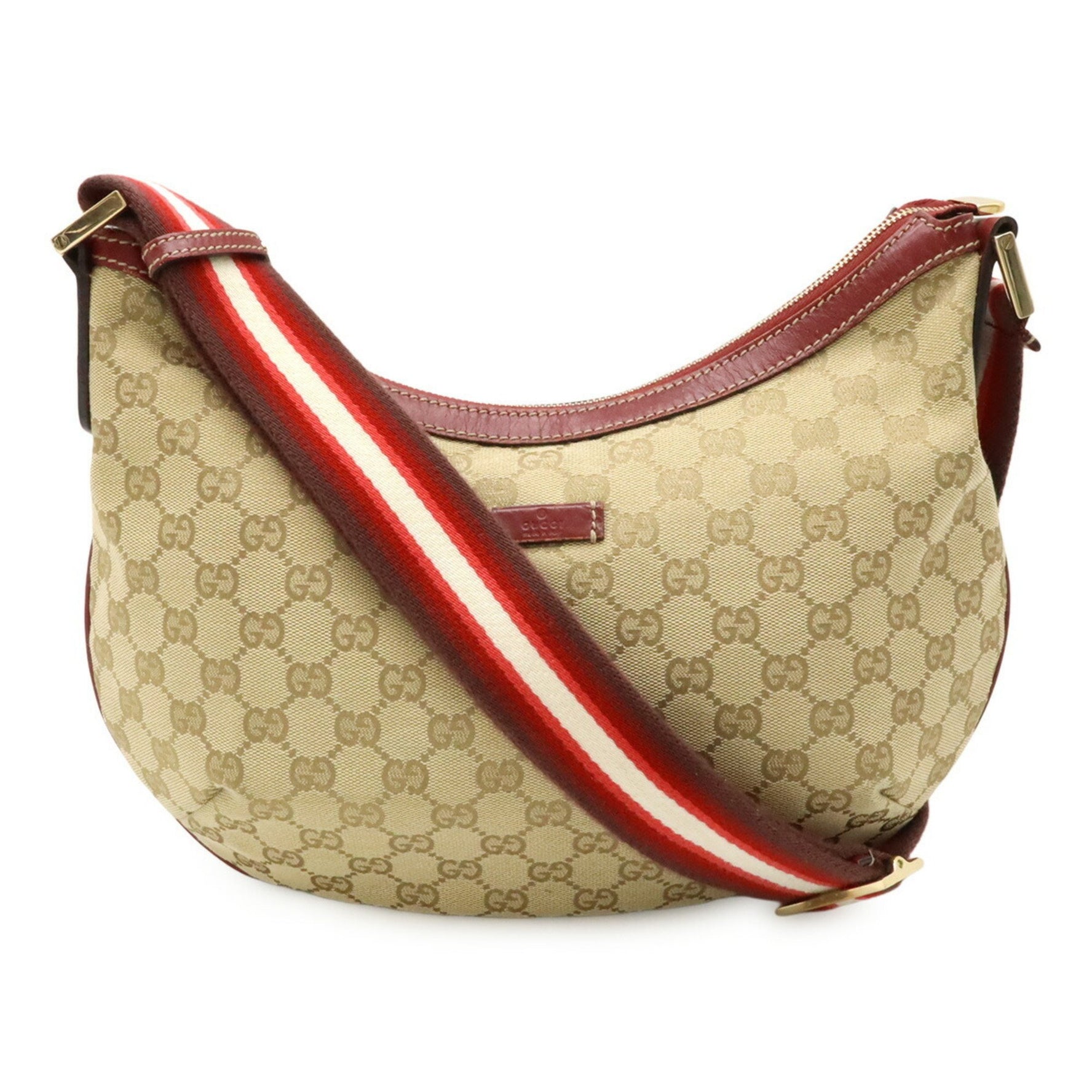 GUCCI GG Canvas Shoulder Bag in Beige and Red Leather