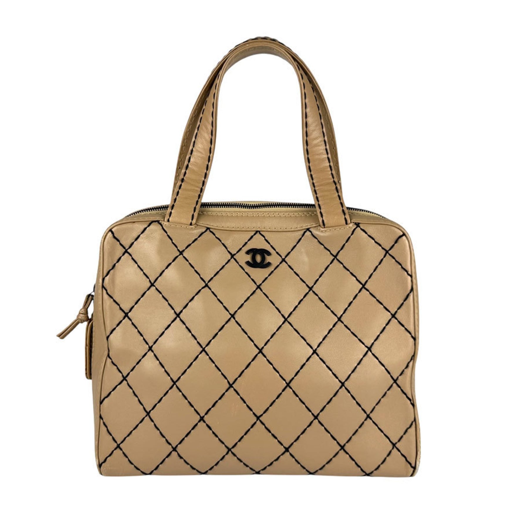 CHANEL Handbag Wild Stitch Leather Beige Black