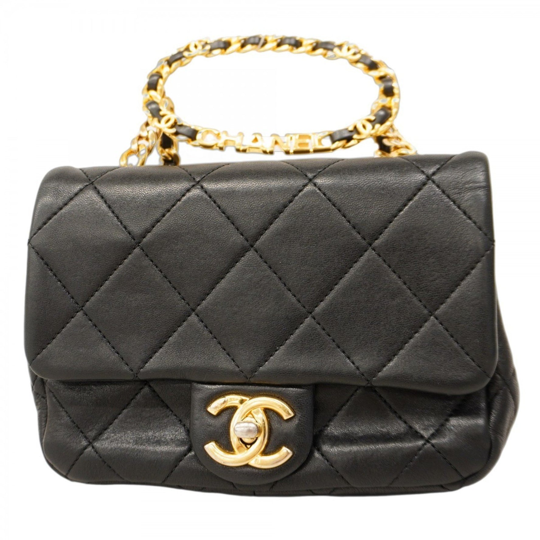 Chanel Matelasse Shoulder Bag with Chain Bag, Lambskin, Black, Women's