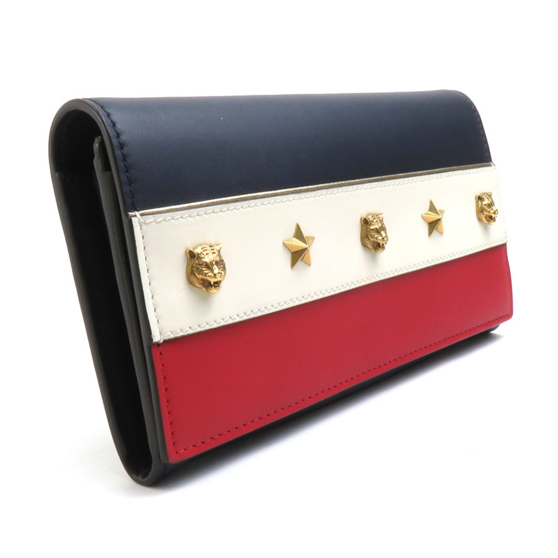GUCCI Bi-fold long wallet Leather Navy/Off-white/Red Gold Unisex