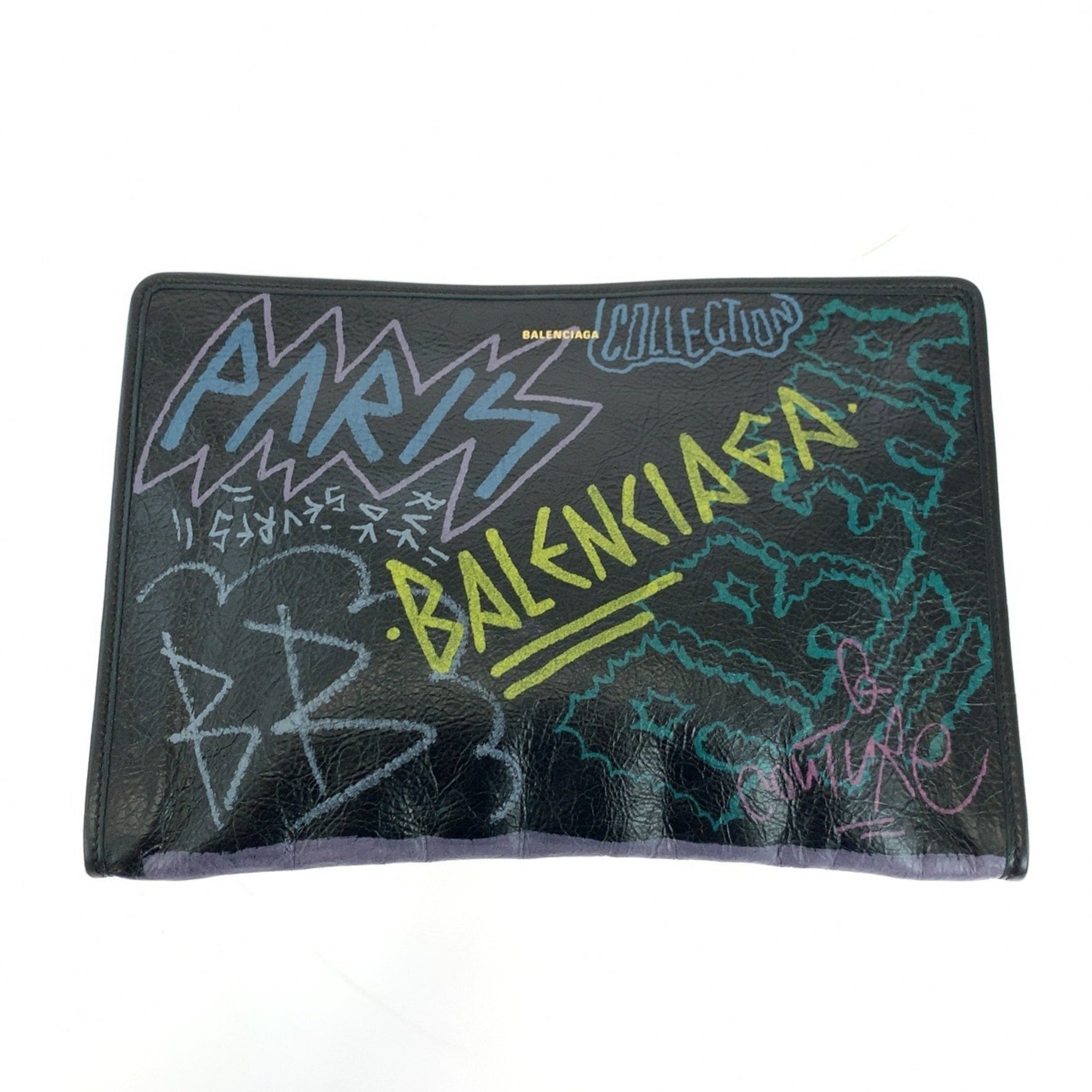 BALENCIAGA Graffiti Print Black Multicolor Silver Hardware Leather 1060 Clutch Bag Second Women's