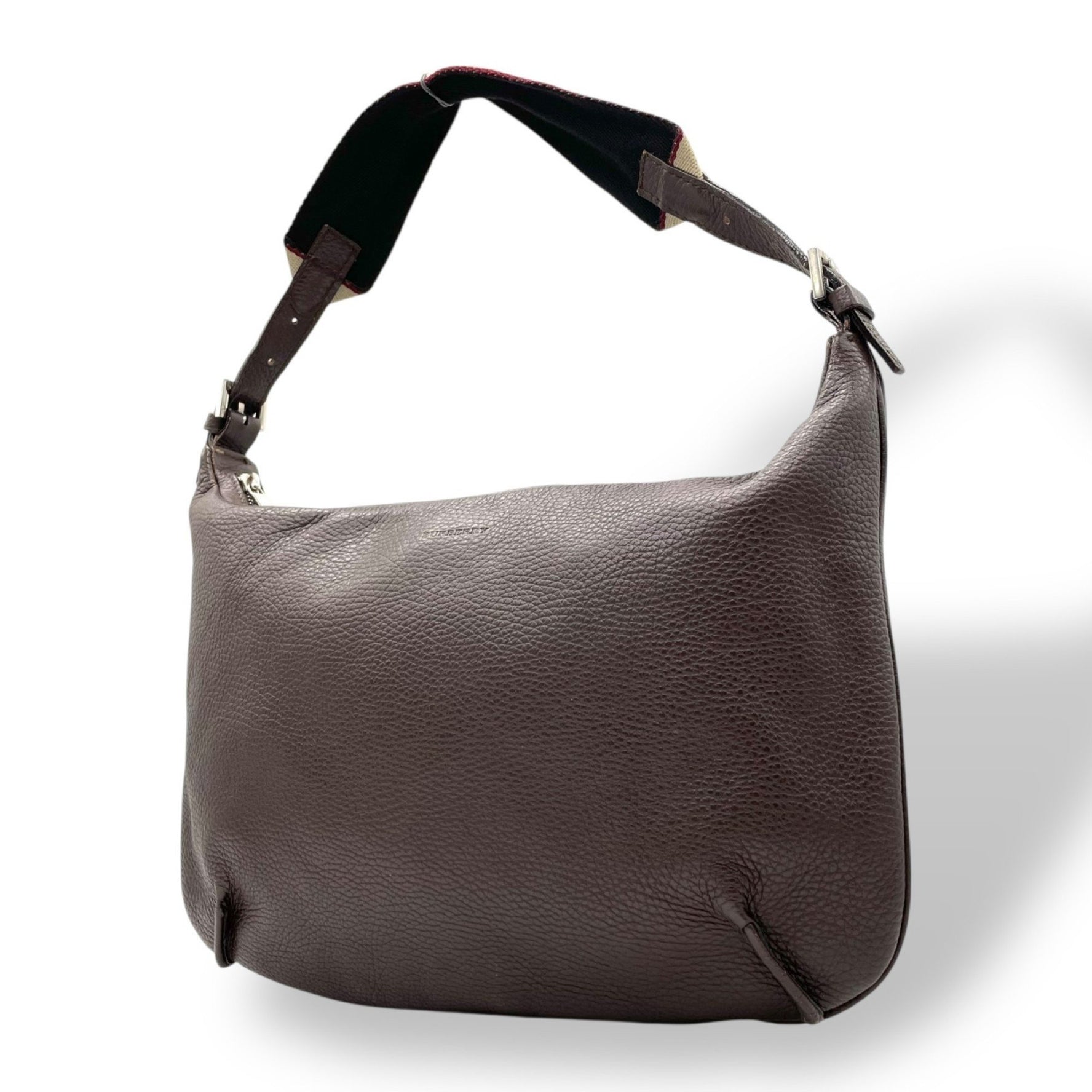 BURBERRY One-Shoulder Handbag, Dark Brown Leather, Silver Hardware, Embossed Logo, Shoulder Strap, Zipper Closure, Hobo Style