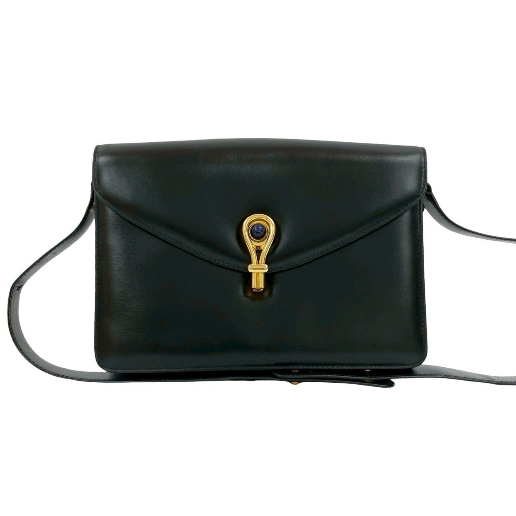 GUCCI Old Gucci Leather Genuine Blue Tiger Eye Semi Shoulder Bag Black 802-4