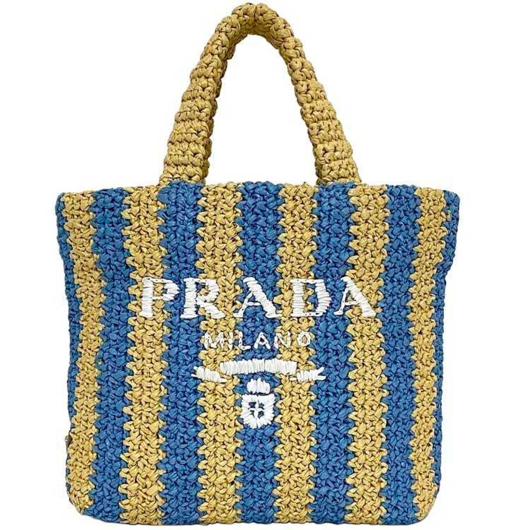 Prada tote bag beige blue stripe raffia 1BG422 f-20617 small crochet straw PRADA triangle NATURALE CEL light border ladies handbag