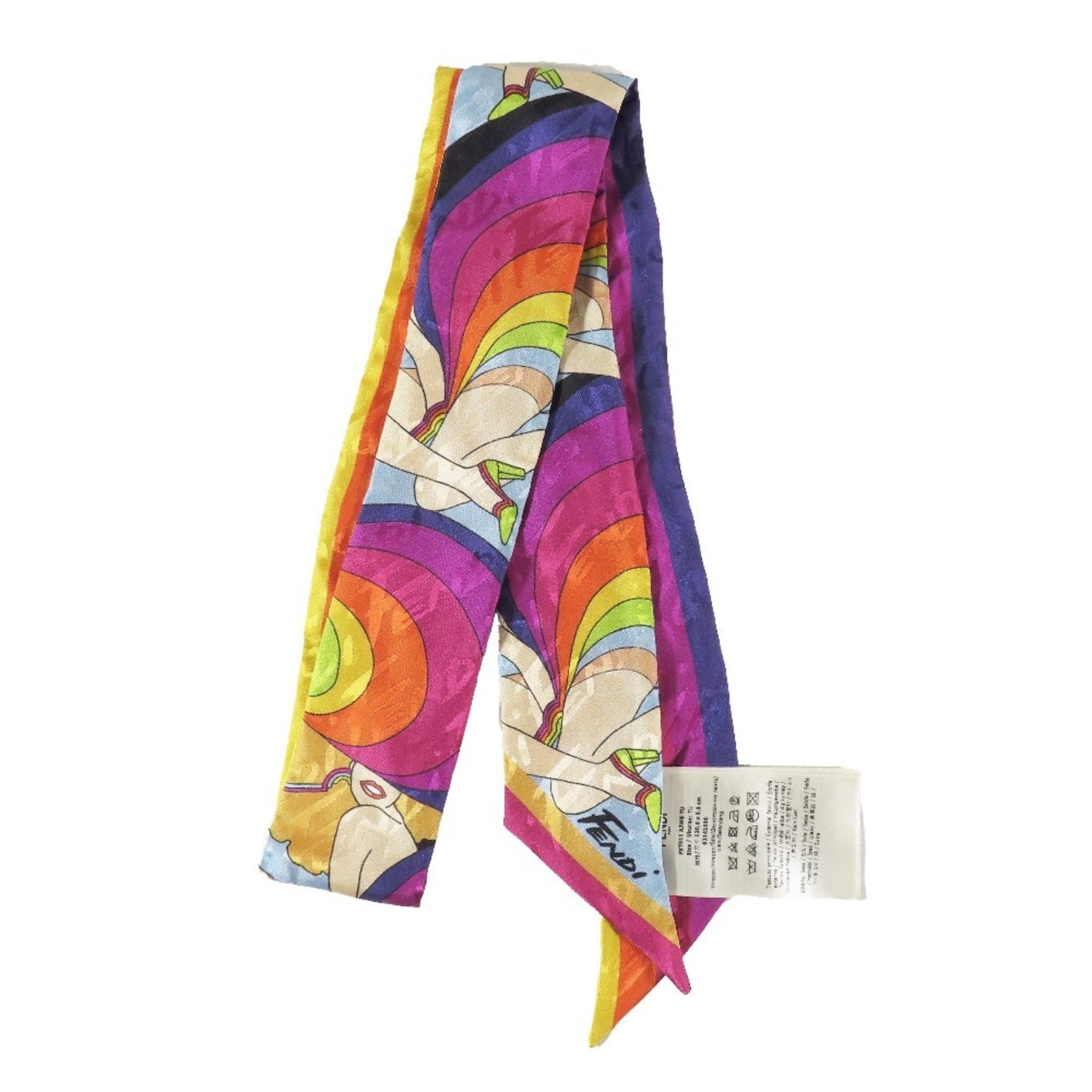 FENDI Rappy Scarf, Bandeau Ribbon, Reversible, 100% Silk, Logo Jacquard, AJWB, Multicolor