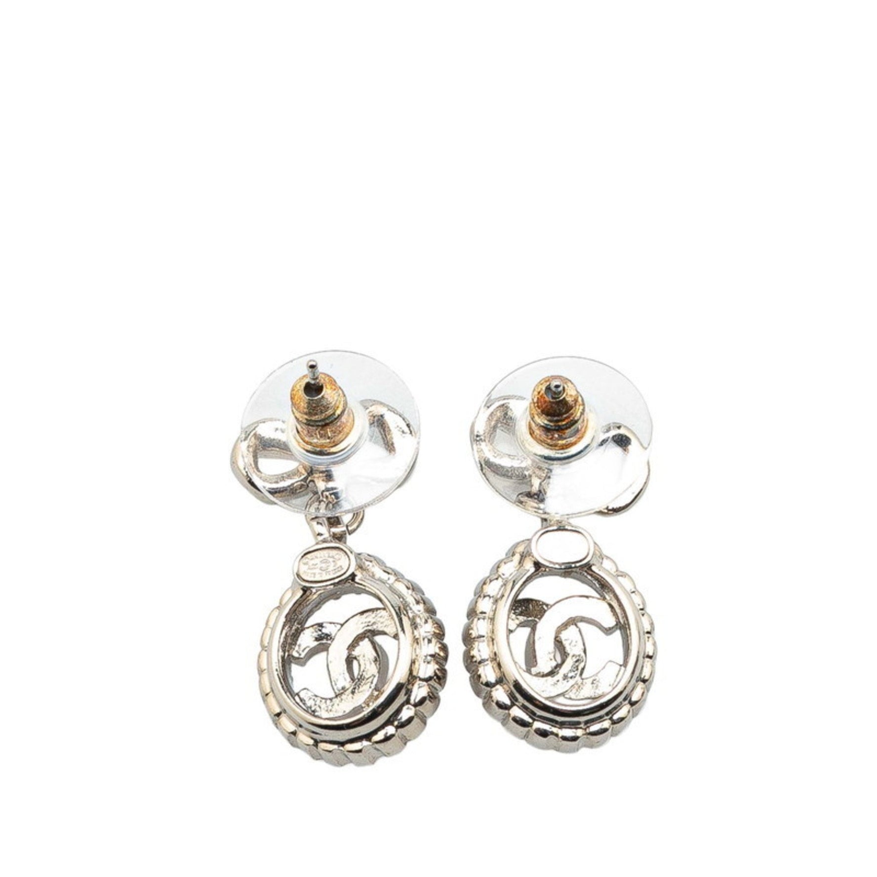 CHANEL Coco Mark Ribbon Motif Rhinestone Stud Earrings in Metal