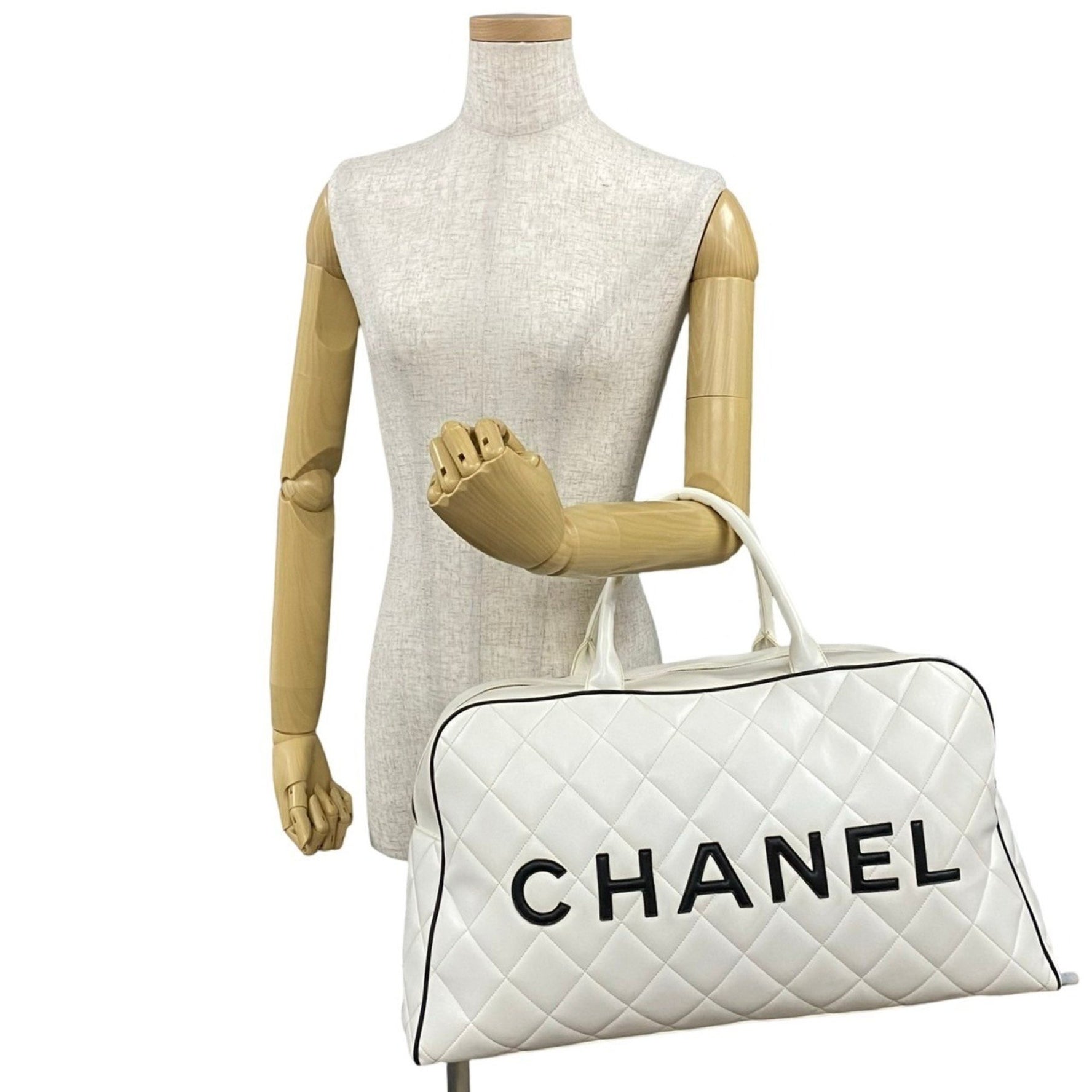 CHANEL Matelasse Sport Line Logo Leather Boston Bag in White and Black