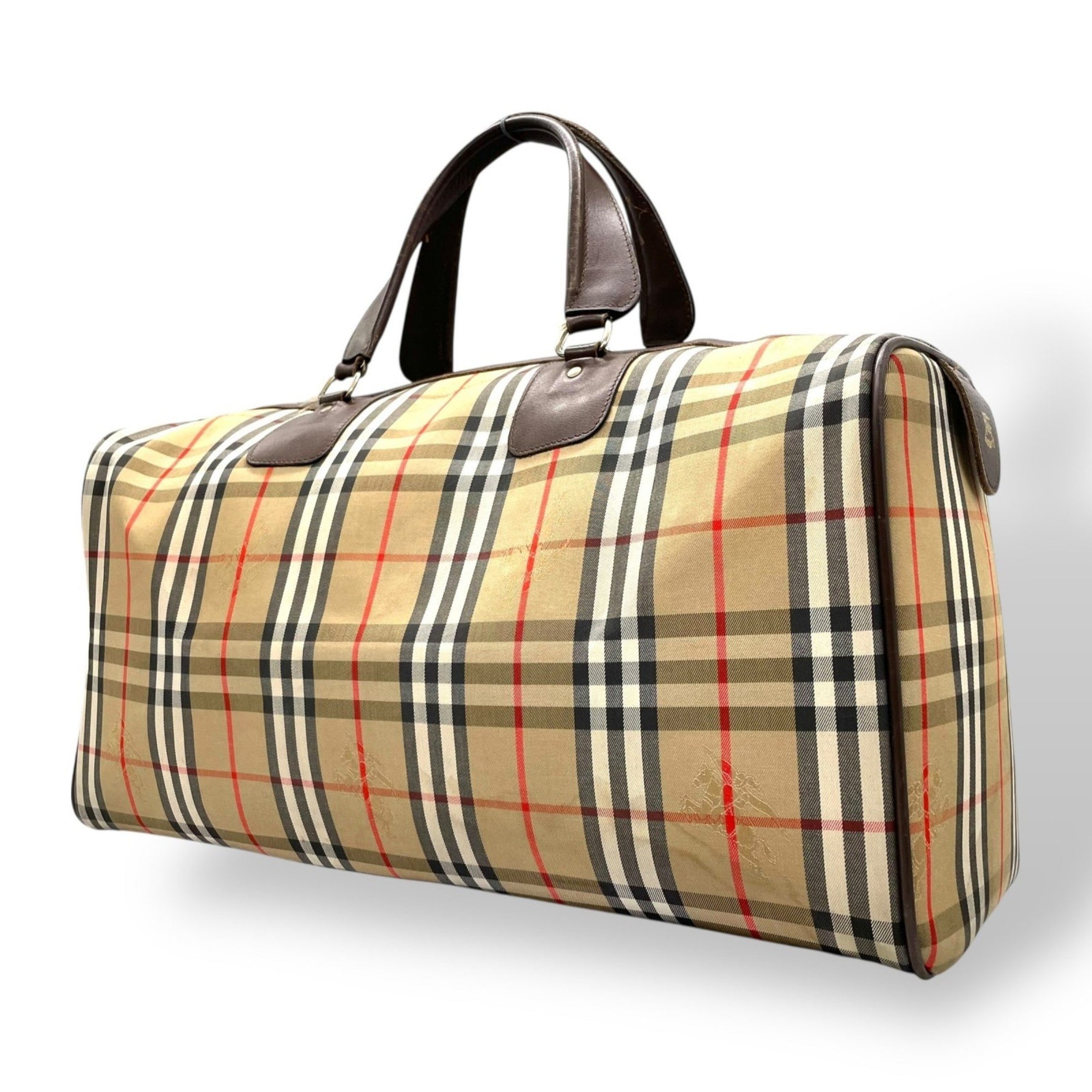 BURBERRY Boston Bag in Nova Check Shadow Horse Pattern, Beige/Brown Canvas and Leather with Gold Hardware Checked Logo, Men's Size D