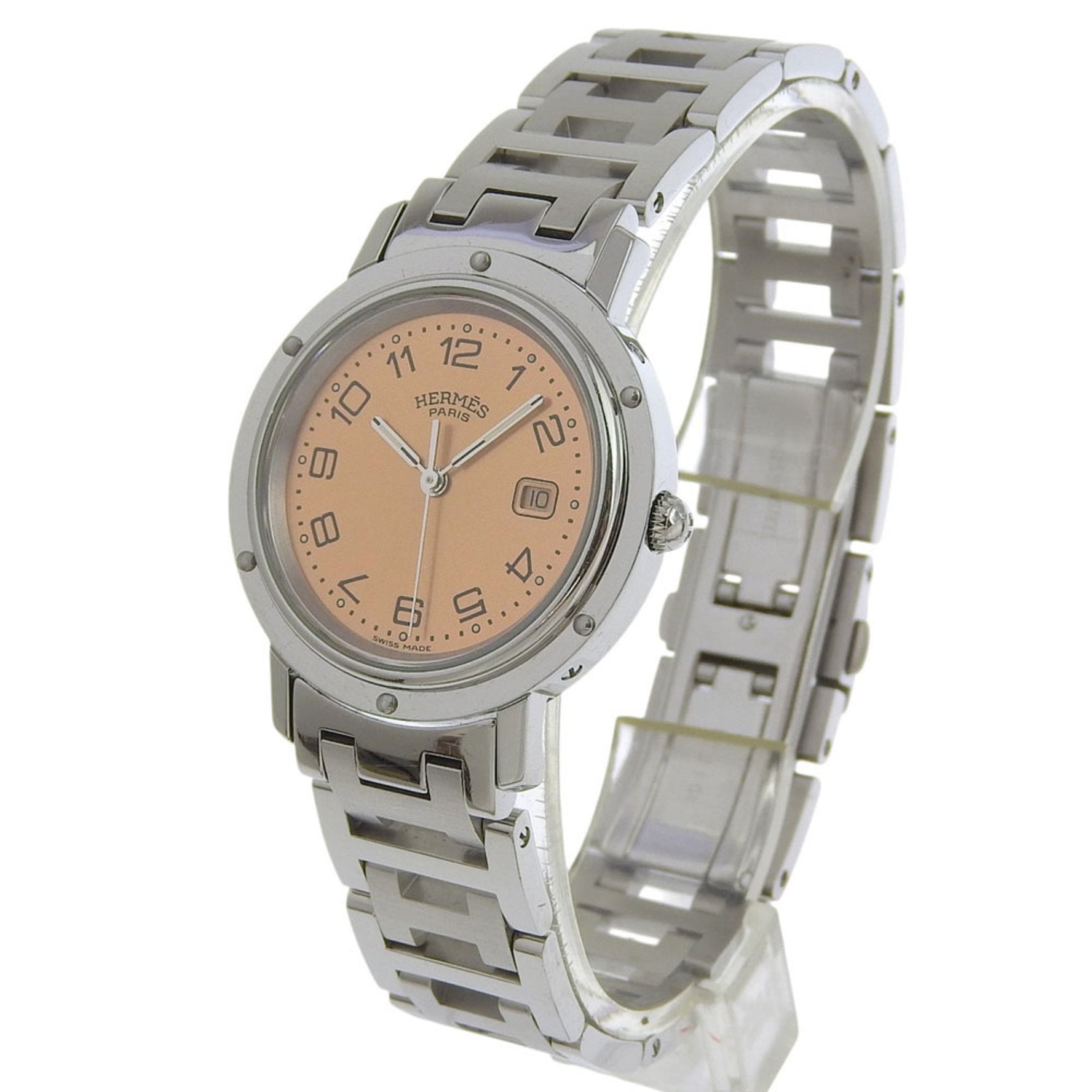 Hermès Clipper Watch Stainless Steel Quartz Analog Display, Pink Dial