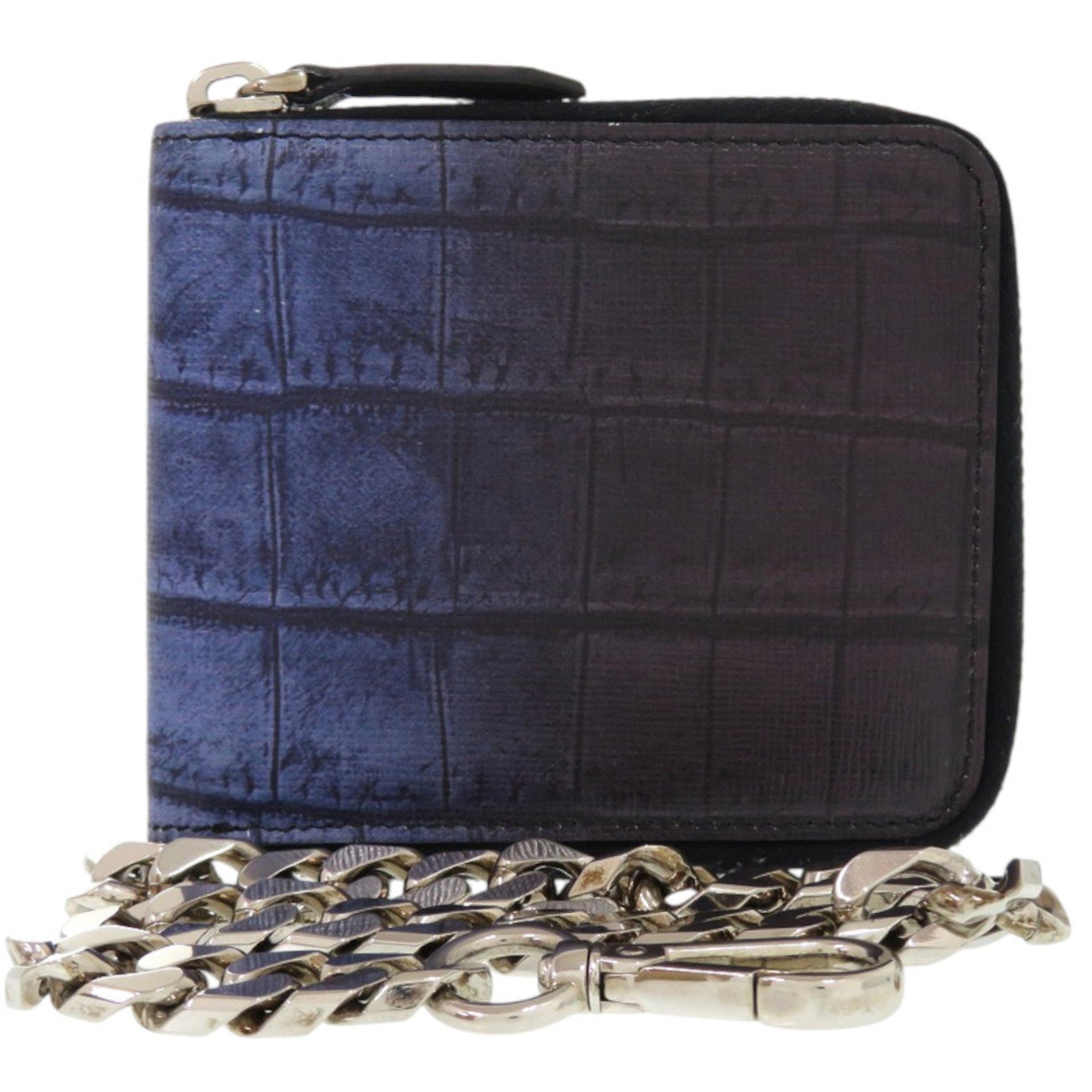 Fendi Chain Leather Blue Bifold Wallet 1367