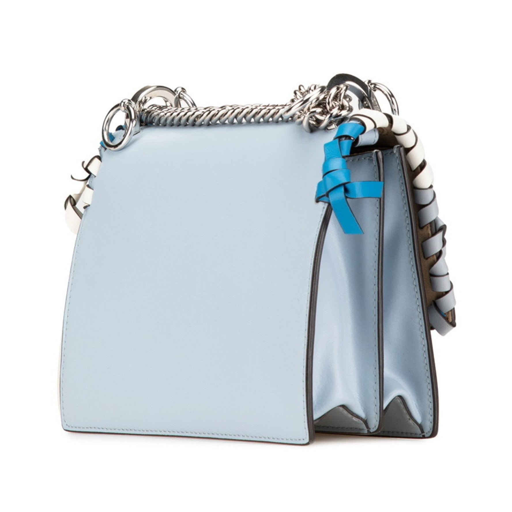 FENDI Canai Mini Ribbon Chain Shoulder Bag Handbag Light Blue Silver Leather