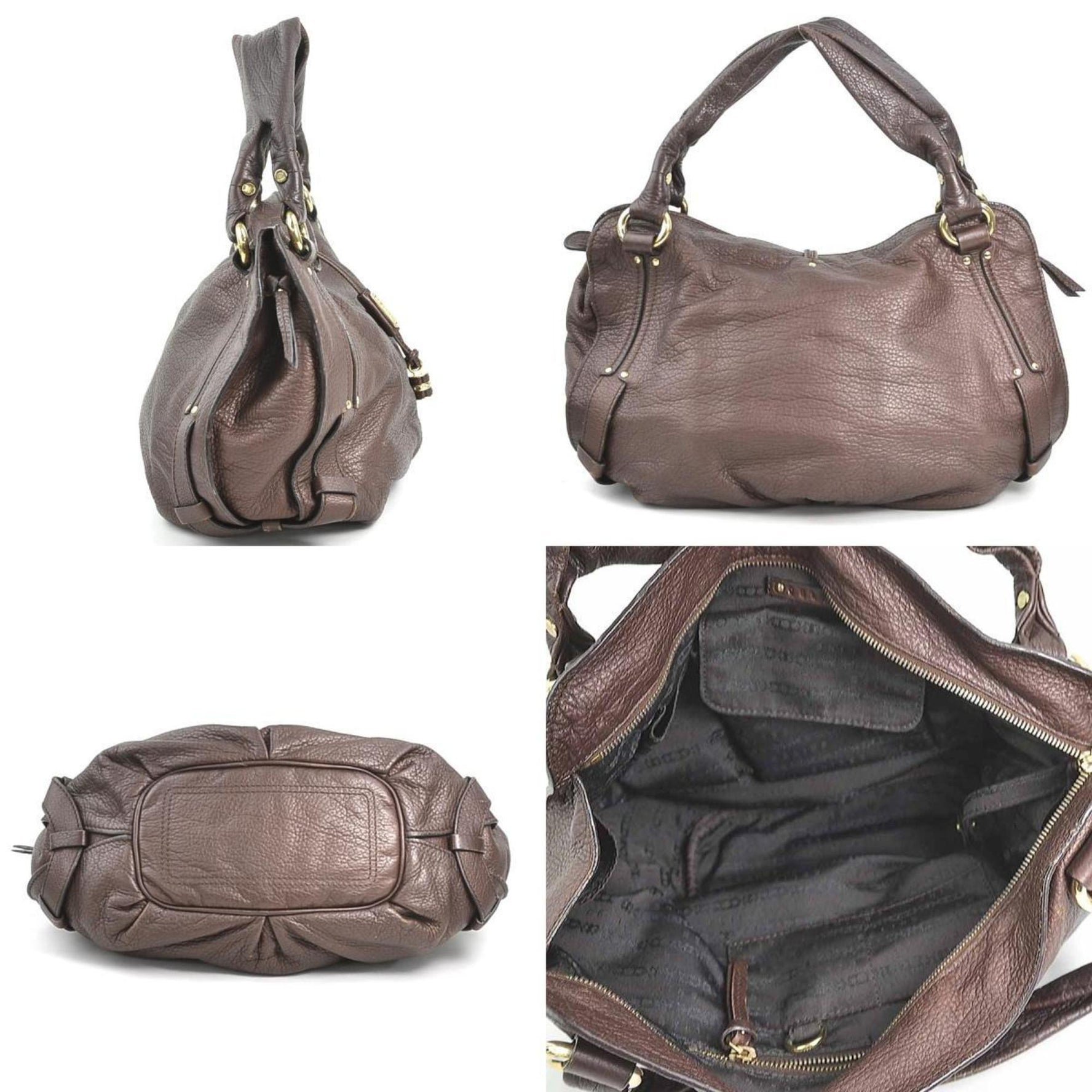 CELINE handbag leather dark brown gold women's e60111a