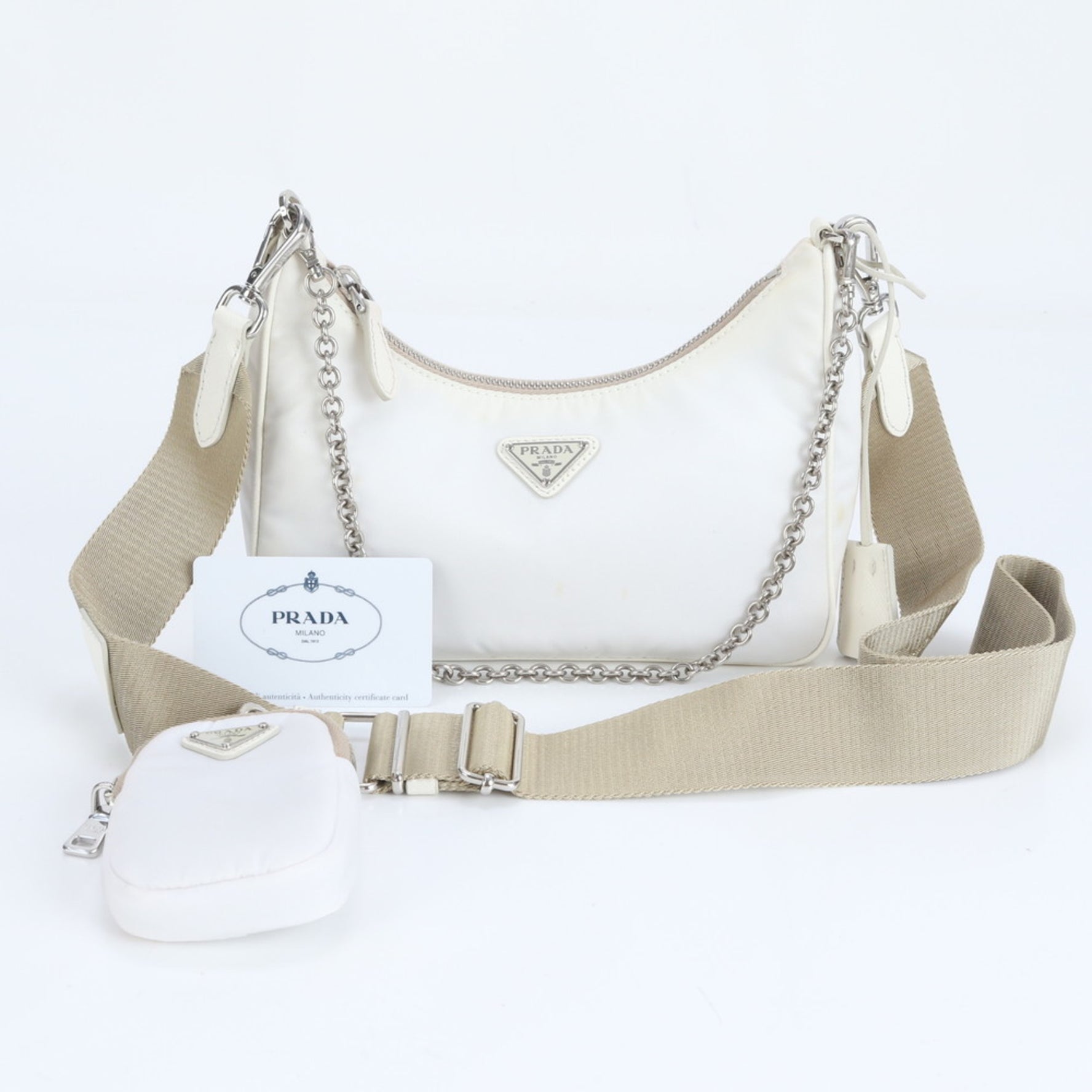 Prada Tessuto Nylon Triangle Logo Leather Shoulder Bag with Guarantee Card
