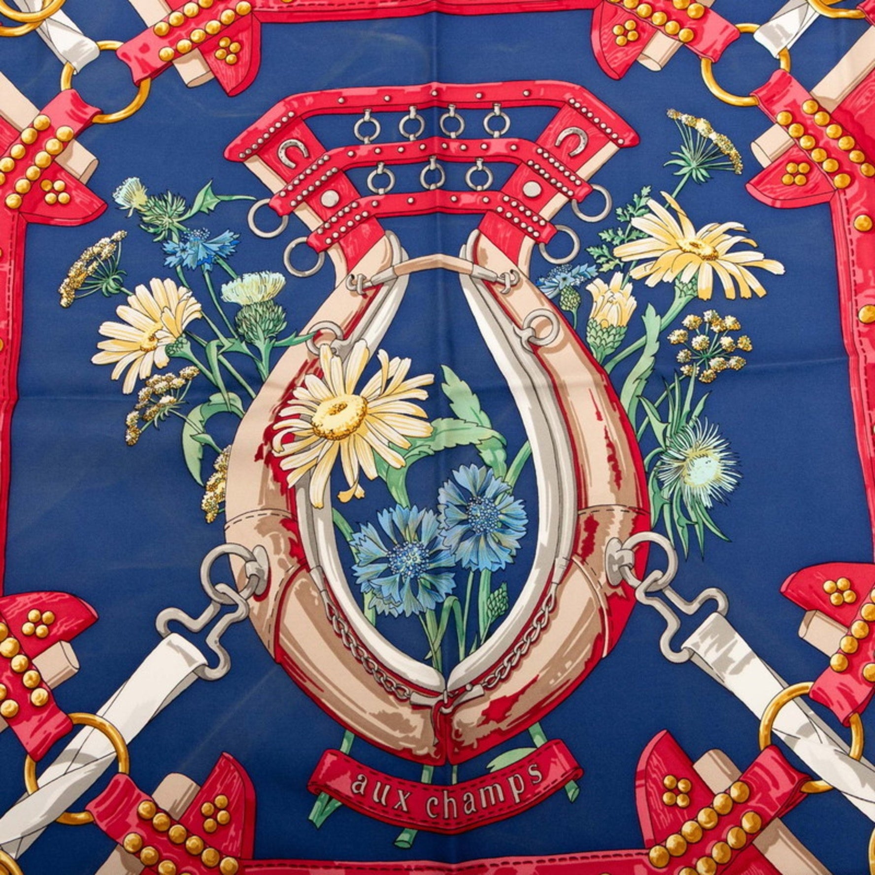 Hermes Hermès Carré 90 aux champs field scarf, navy and multicolored silk