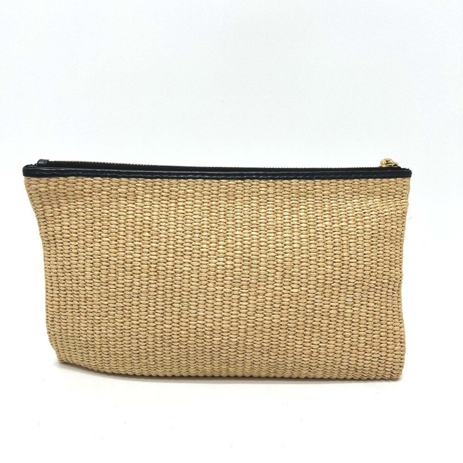 FENDI Straw Logo Bag Pouch Clutch Raffia Leather Men's Beige