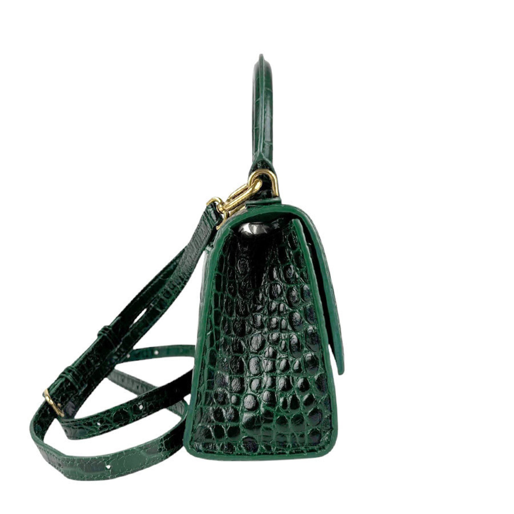 BALENCIAGA Handbag Shoulder Bag Hourglass Top Handle Embossed Leather Dark Green Gold Women's z4321