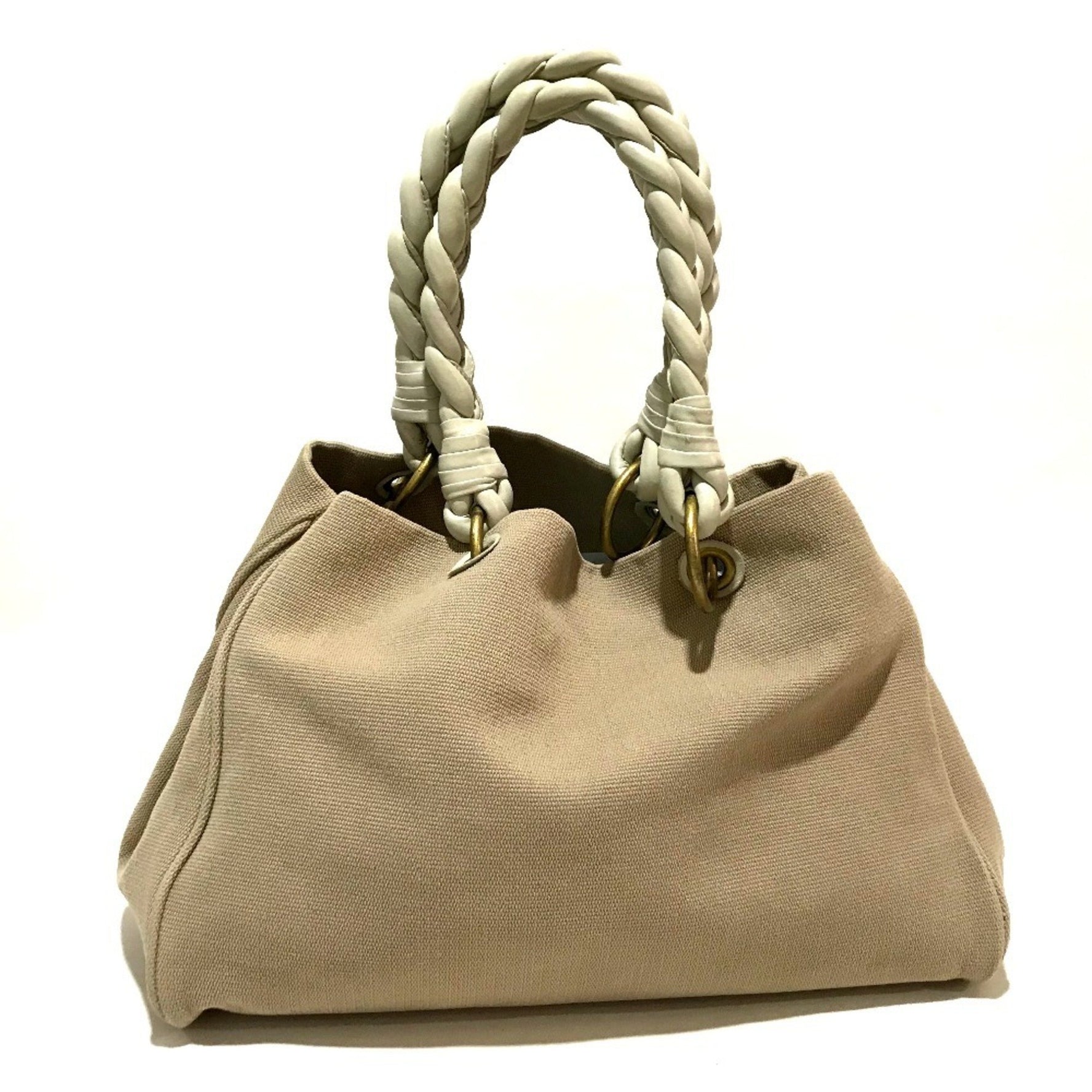 BOTTEGA VENETA Shoulder bag Handle Tote Canvas Leather Beige x Ivory