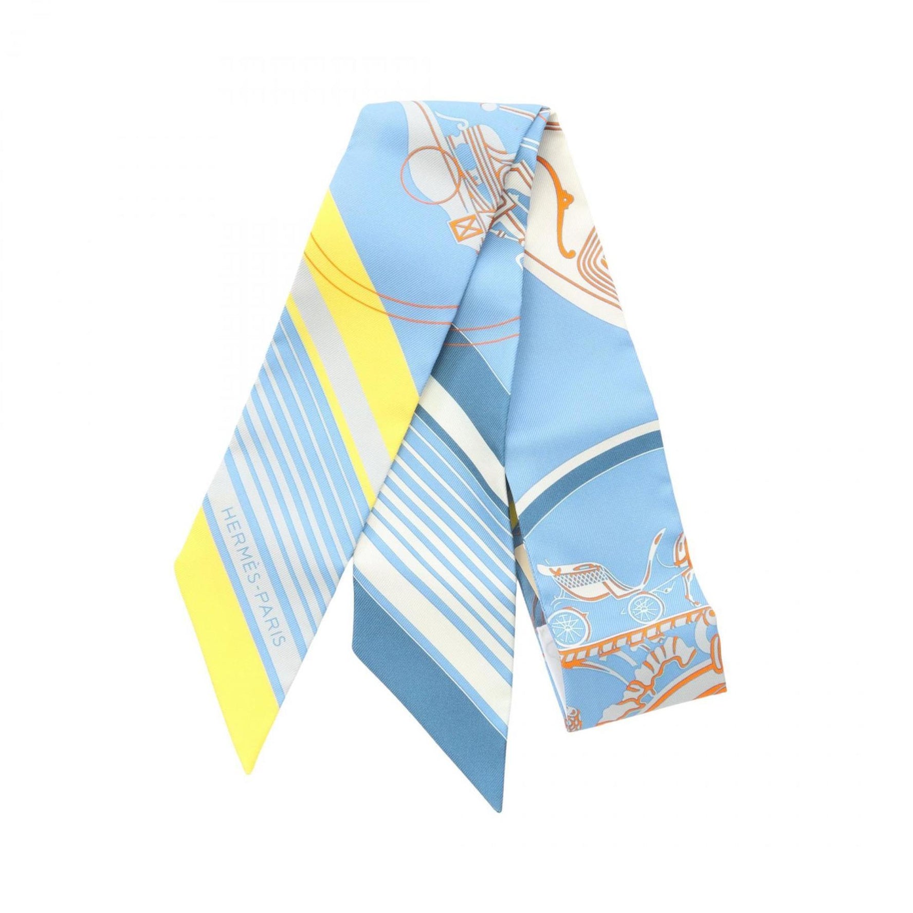 Hermes Hermès Twilly Ex-Libris Blue Moyen Jaune Vif Orange Silk Scarf in Multicolor