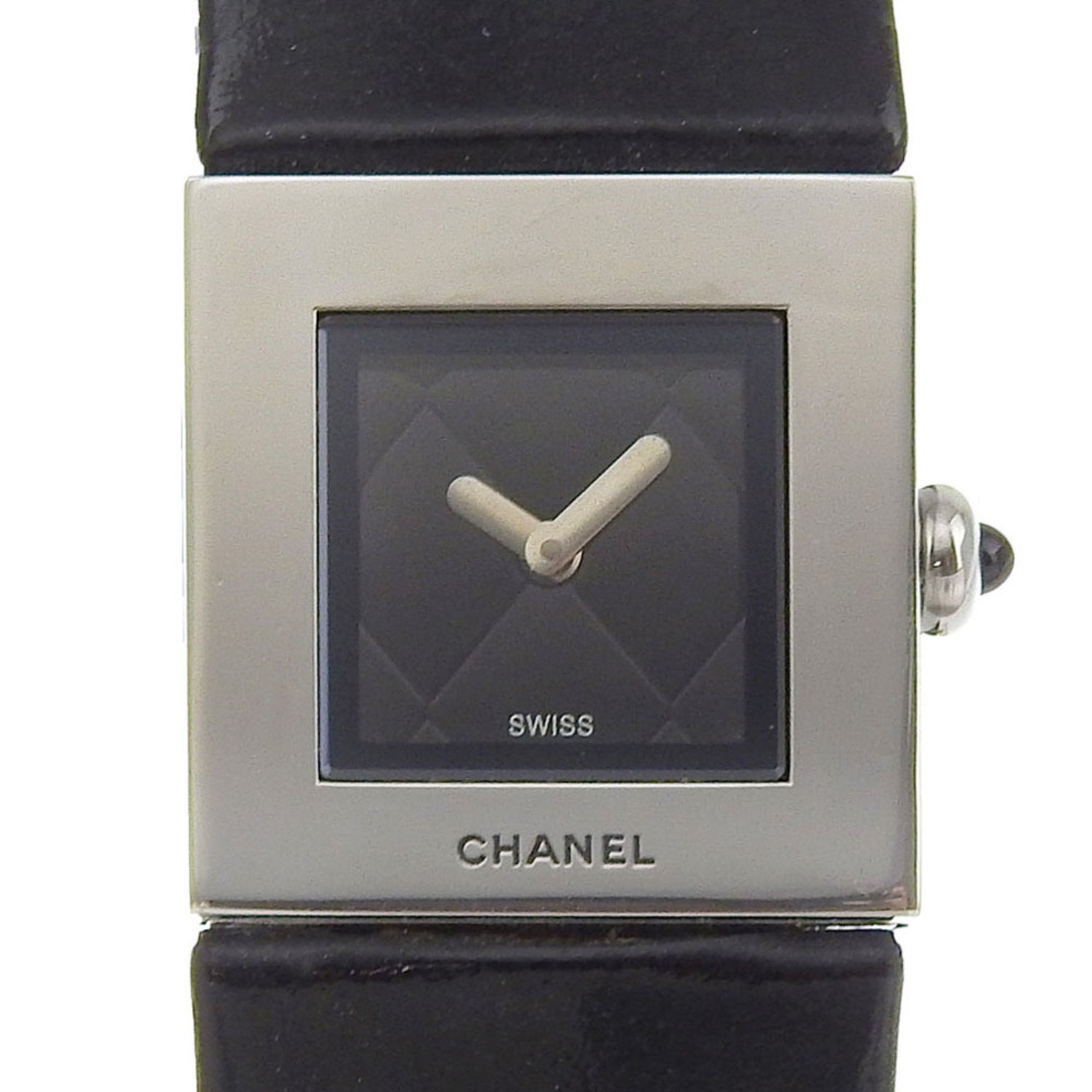 CHANEL Matelasse Watch Stainless Steel Embossed Leather Quartz Analog Display Black Dial Women's