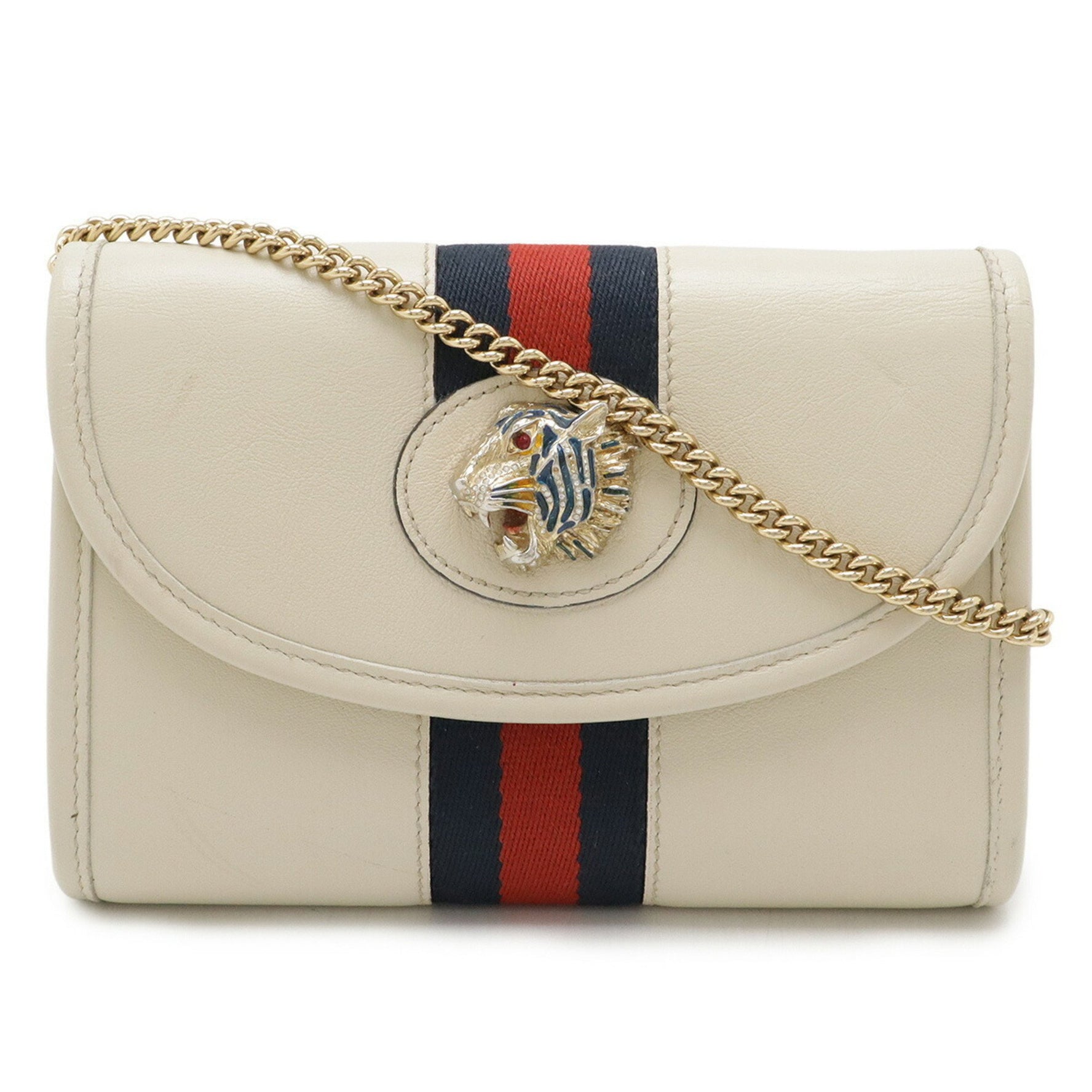 GUCCI Raja Web Stripe Tiger Head Chain Shoulder Bag Clutch Leather Ivory
