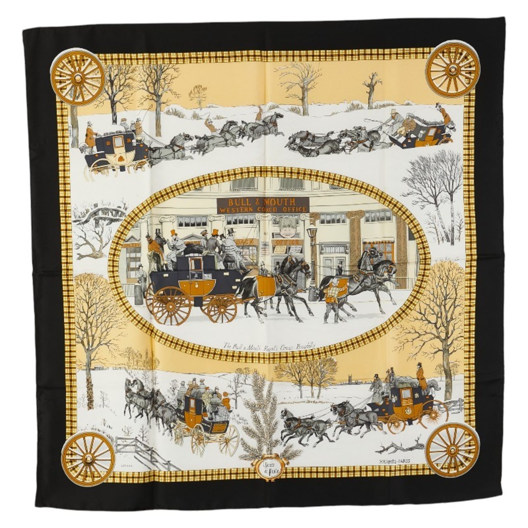 Hermes Hermès Calais 90 The Bull & Mouth Regents Circus Piccadilly Mail Coach Scarf, Blue Multicolor Silk