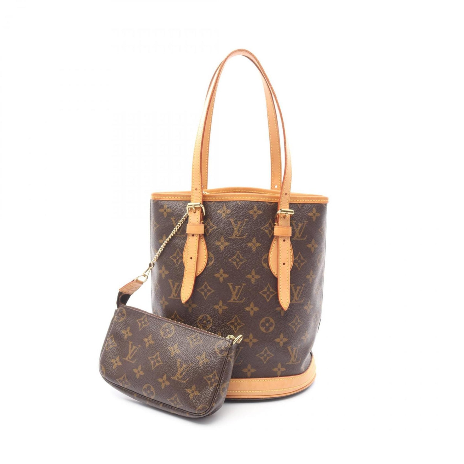 Louis Vuitton Bucket PM Handbag, Coated Canvas and Leather, Monogram, Brown