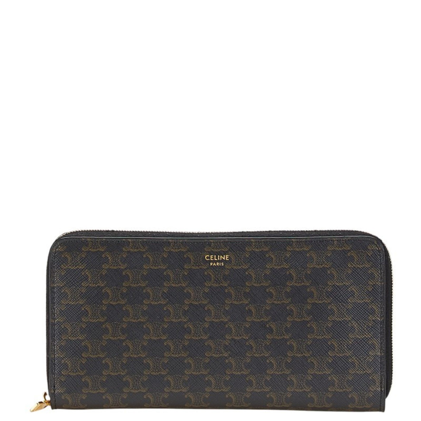 Celine Triomphe round zip long wallet in leather .