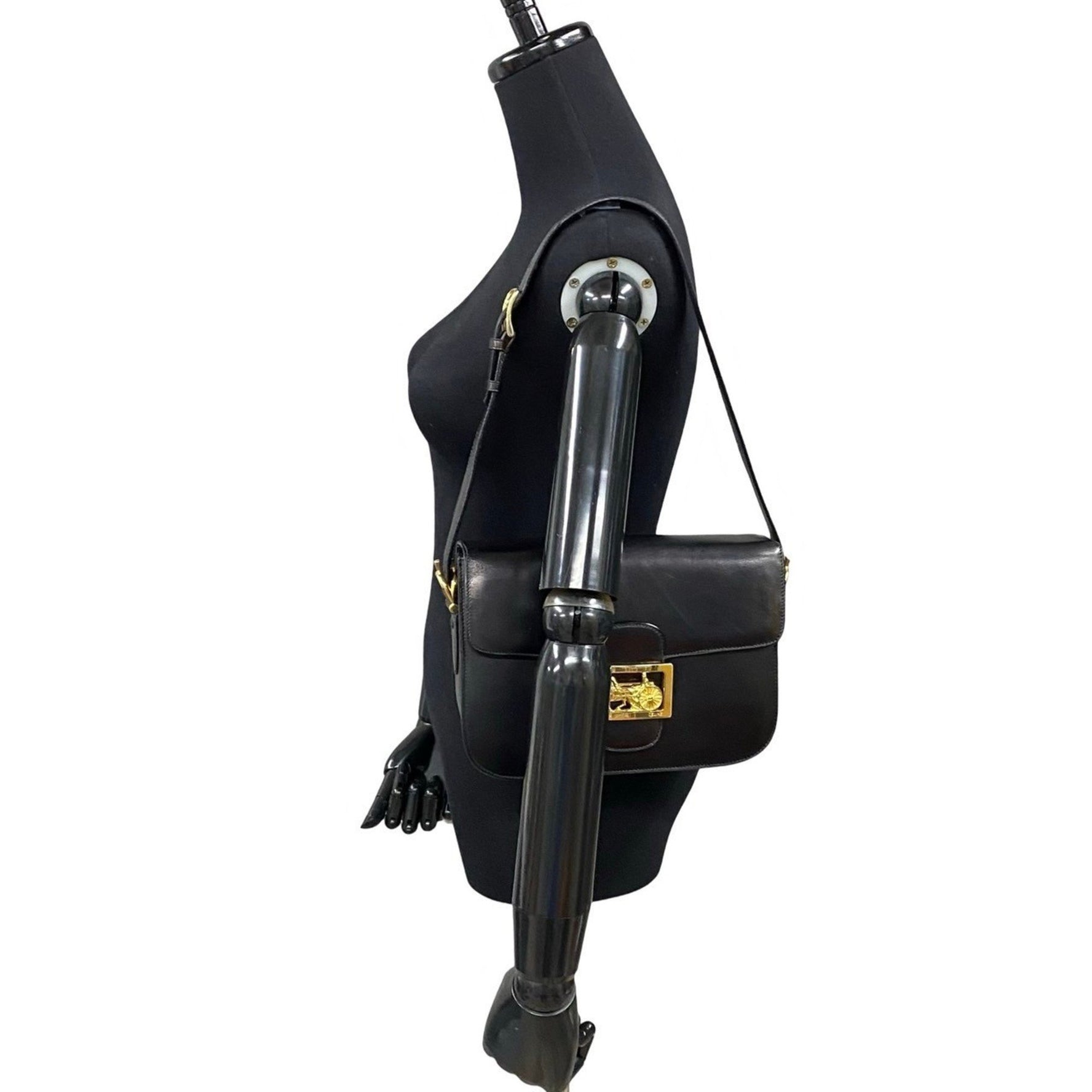 CELINE 179-9, Leather Semi-Shoulder Bag with Horse-Drawn Carriage Design and Hardware