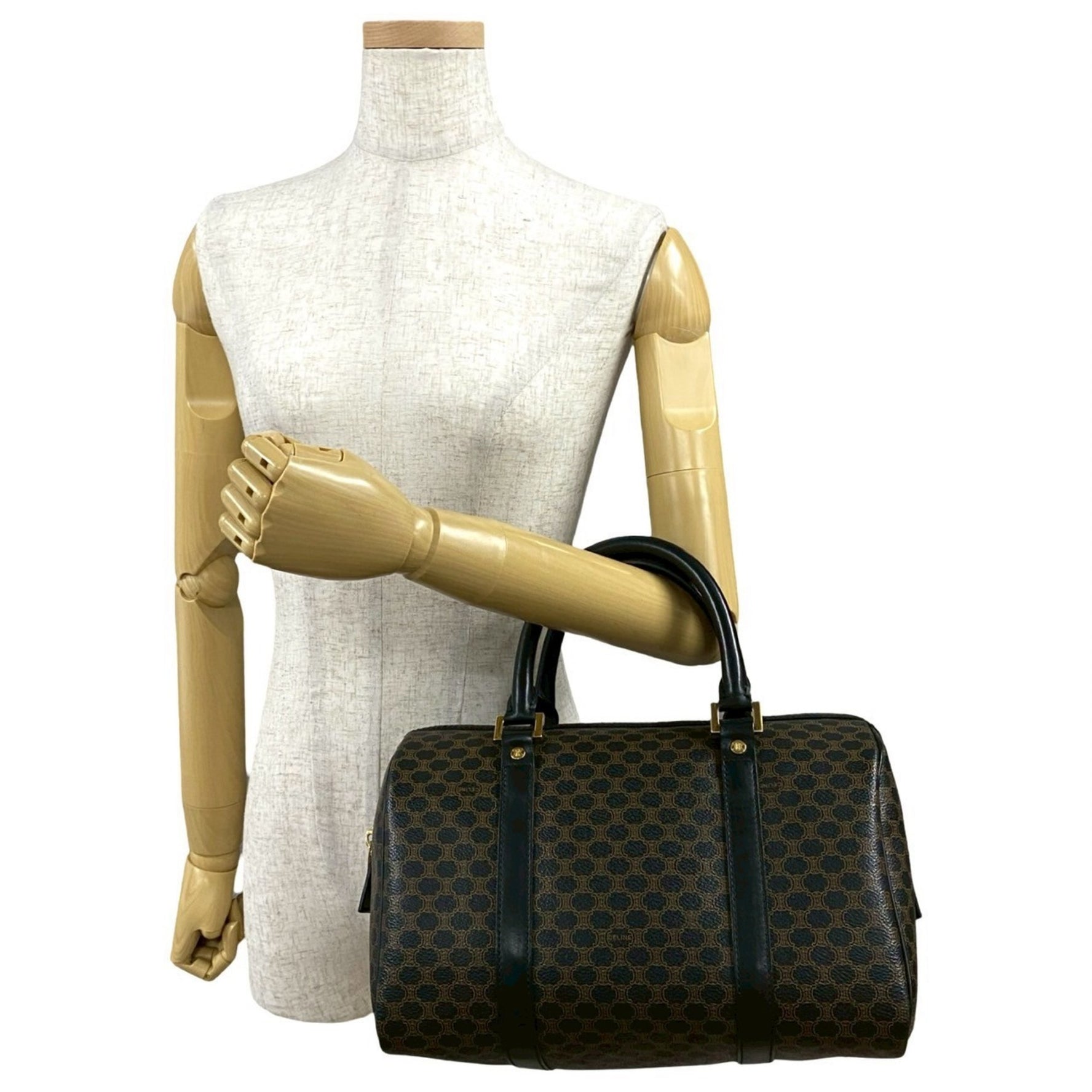 CELINE Vintage Macadam Blason Triomphe Leather Handbag/Mini Boston Bag, Black, 435-3
