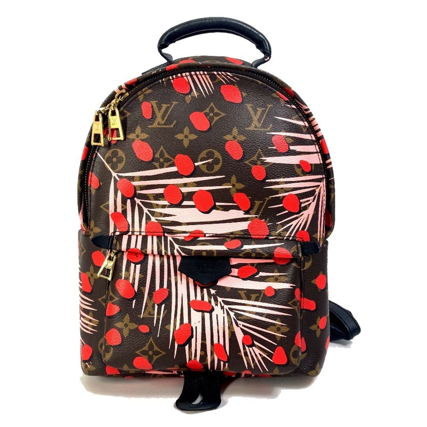 LOUIS VUITTON M41981 Monogram Palm Springs PM Jungle Dot Backpack in Canvas, Women's, Brown, Pink, and Red