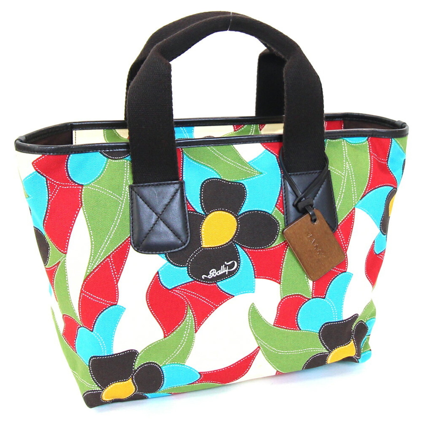 BALLY Handbag Dark Brown Multicolor Canvas Leather Tote Bag Flower Women's