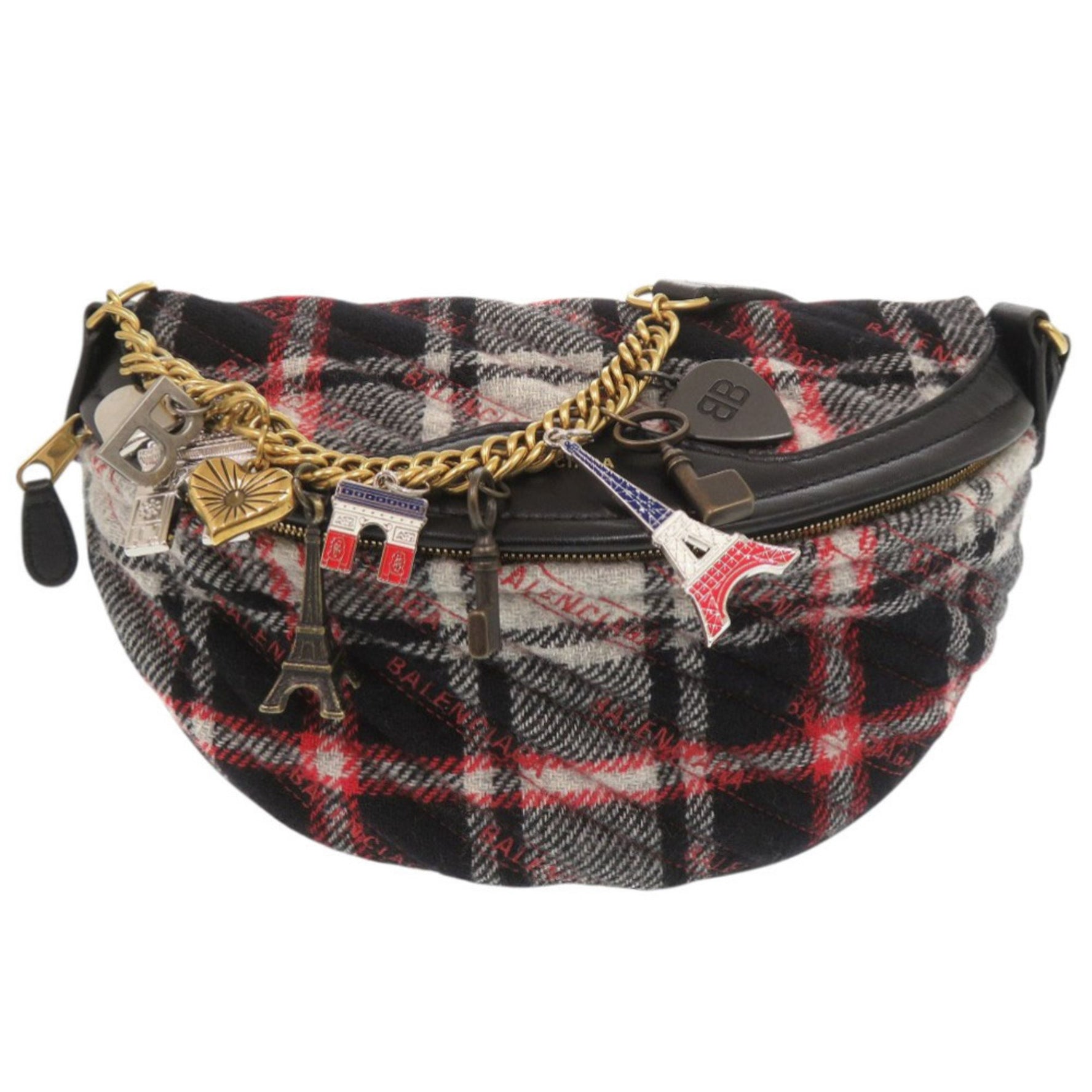 Balenciaga Souvenir Charm Wool and Leather Red Black Gray Body Bag Belt 1535