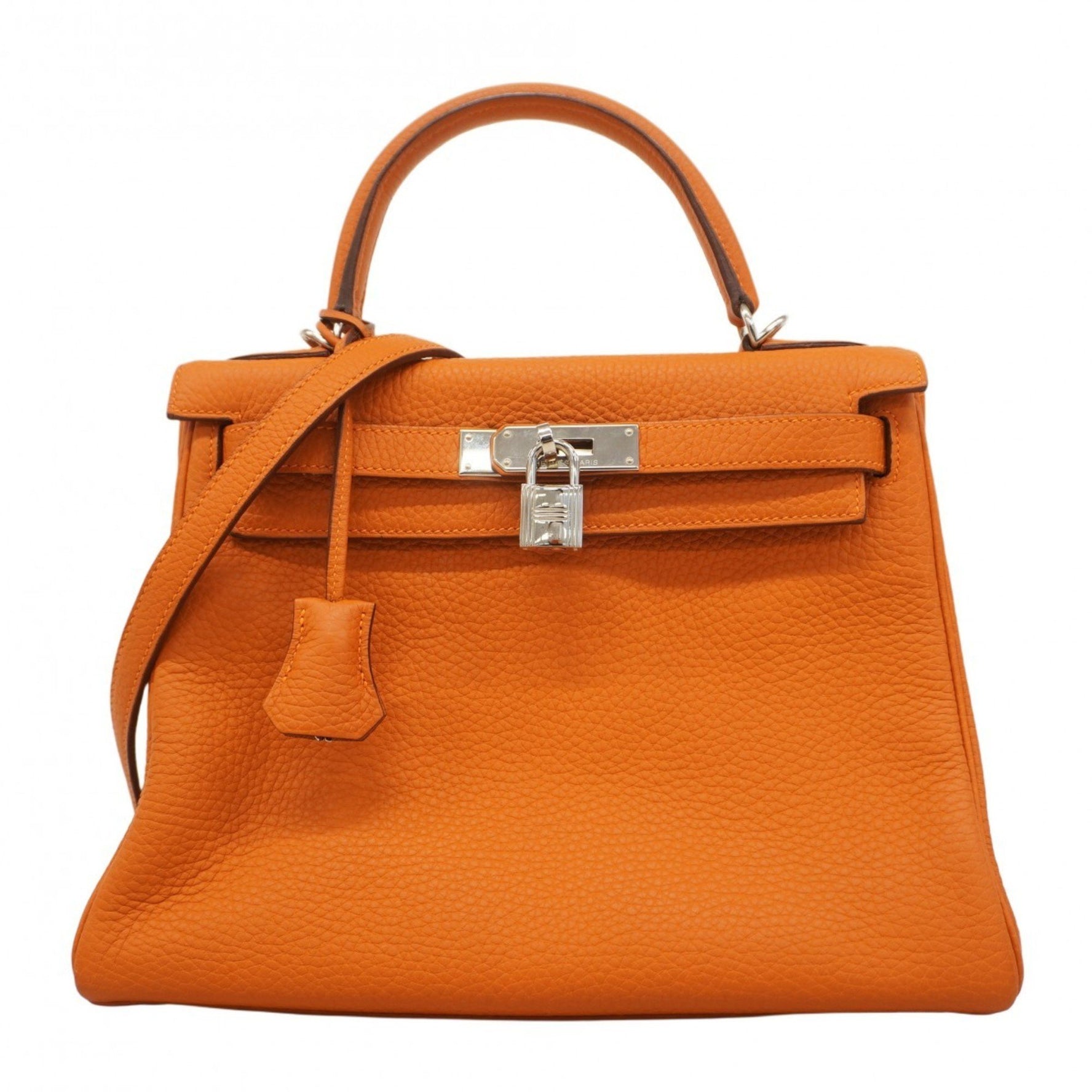 Hermes Hermès Kelly 28 Handbag in Taurillon Clemence Leather, Orange, with J Stamp, 2-Way Bag for Women