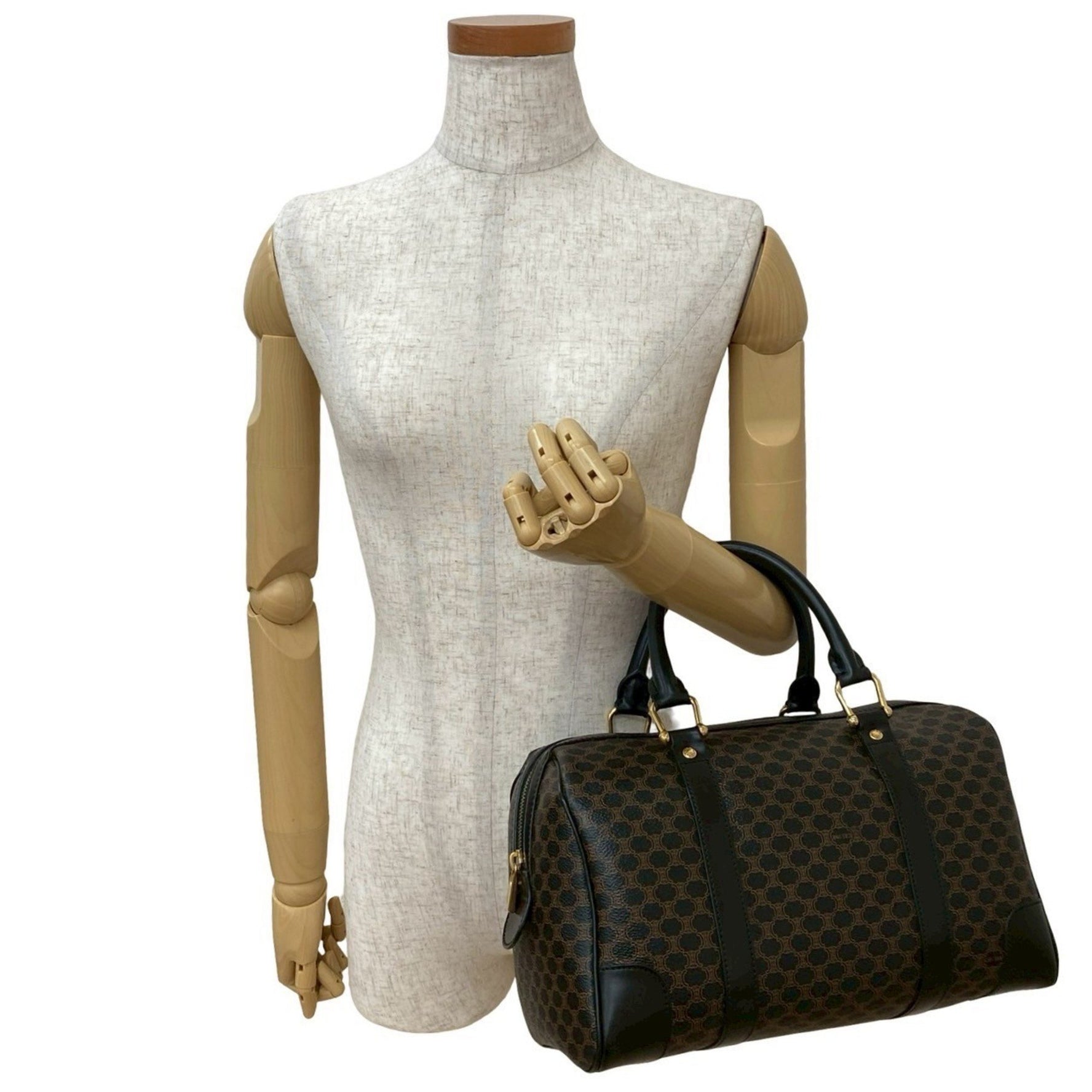 CELINE Vintage Macadam Blason Pattern Leather Handbag/Mini Boston Bag in Black and Brown (70-10)