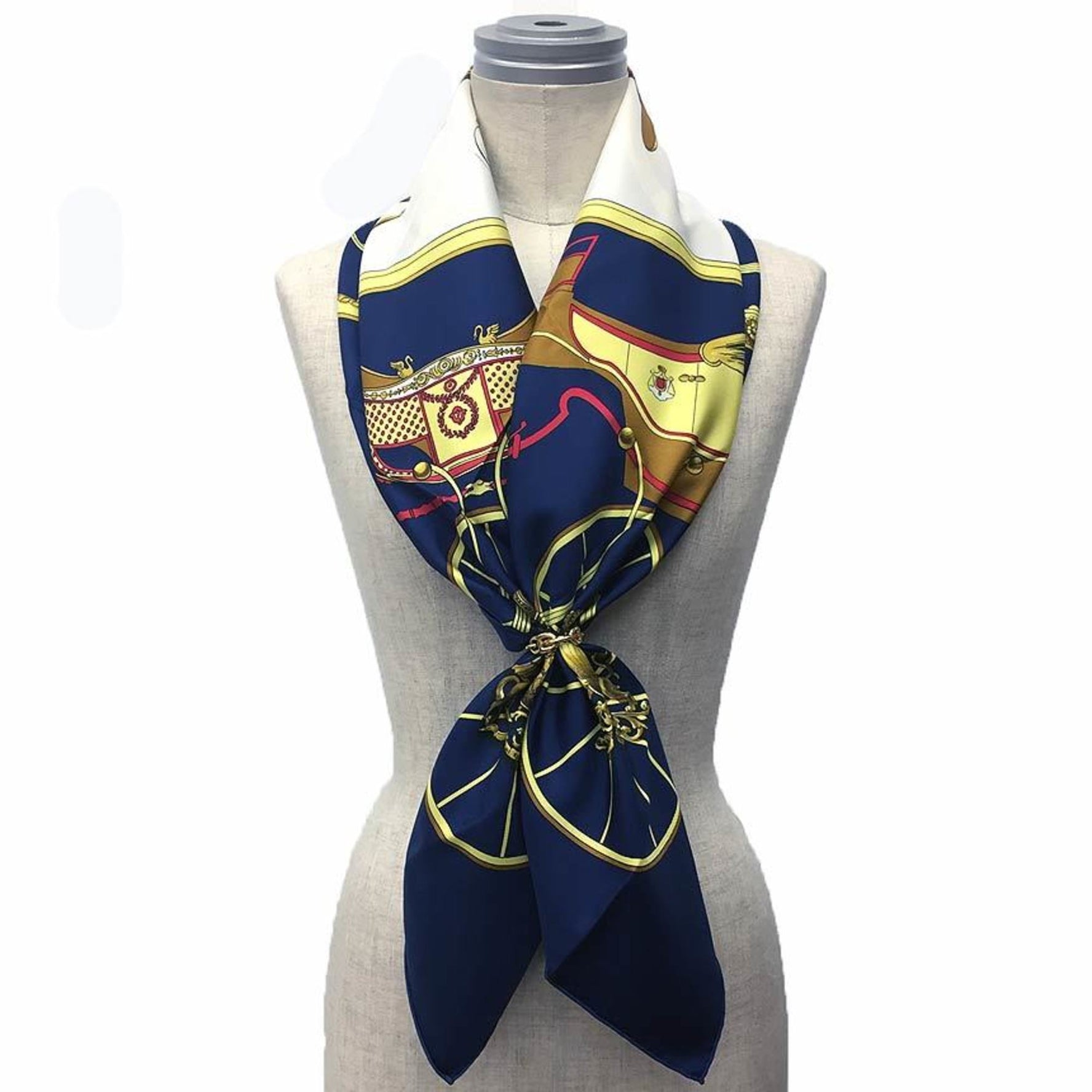 HERMES Carre 90 Scarf Muffler SPRINGS Carriage Pattern Navy 100% Silk