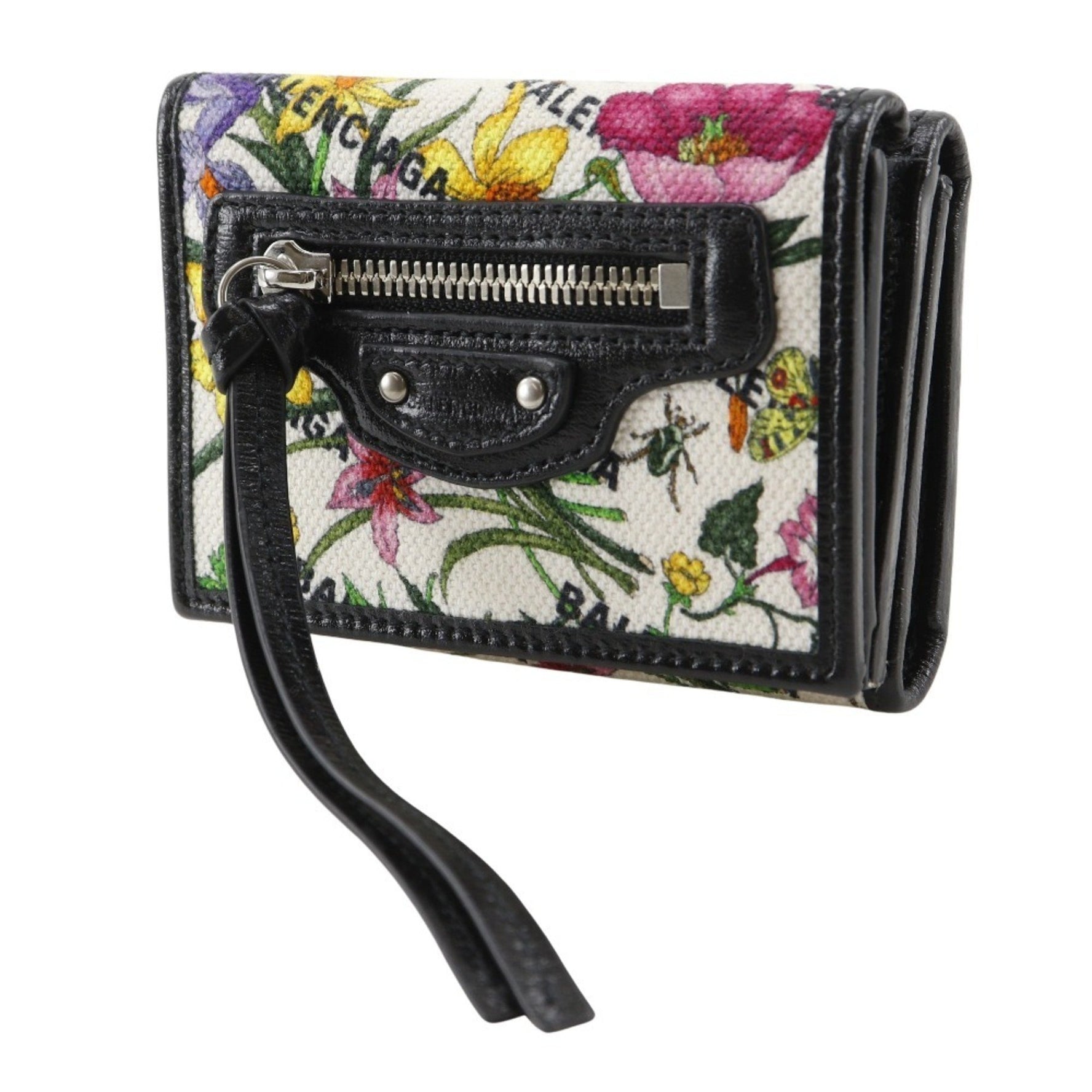 Gucci Neo Classic Mini Wallet, a tri-fold wallet in collaboration with Balenciaga and The Hacker Project, model number black/multicolor canvas floral snap closure.