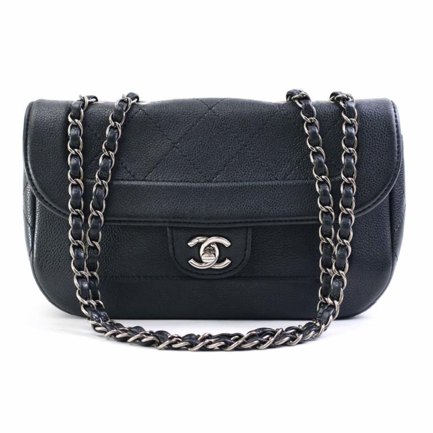 CHANEL Shoulder Bag Caviar Skin Leather Silver