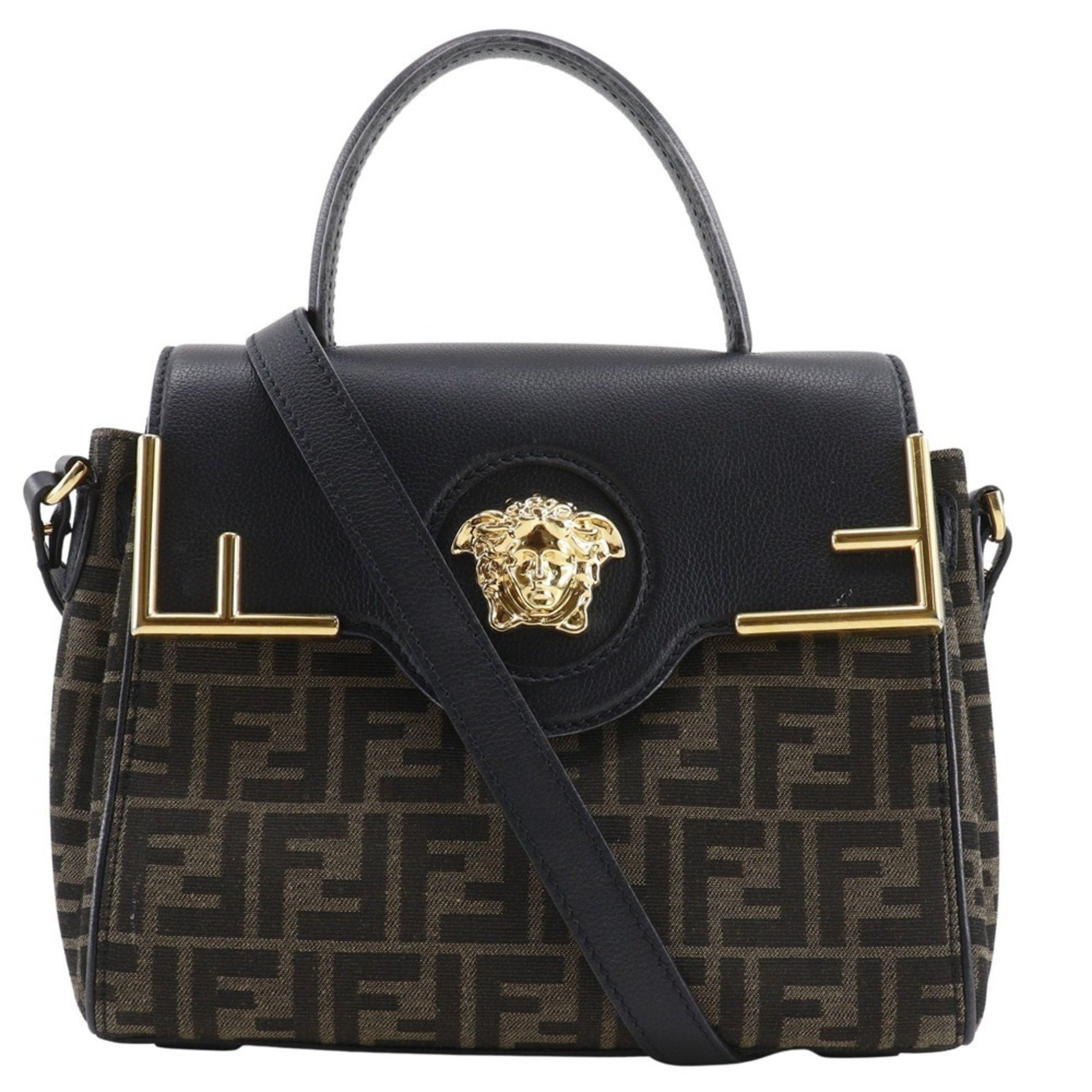 Fendi La Medusa Zucca handbag and Versace Fendace shoulder bag in nylon canvas leather, black/brown, size, .
