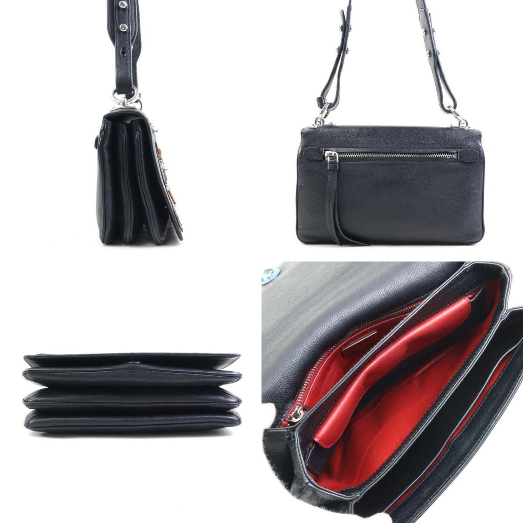 Prada Shoulder Bag Leather Metal Black Multicolor