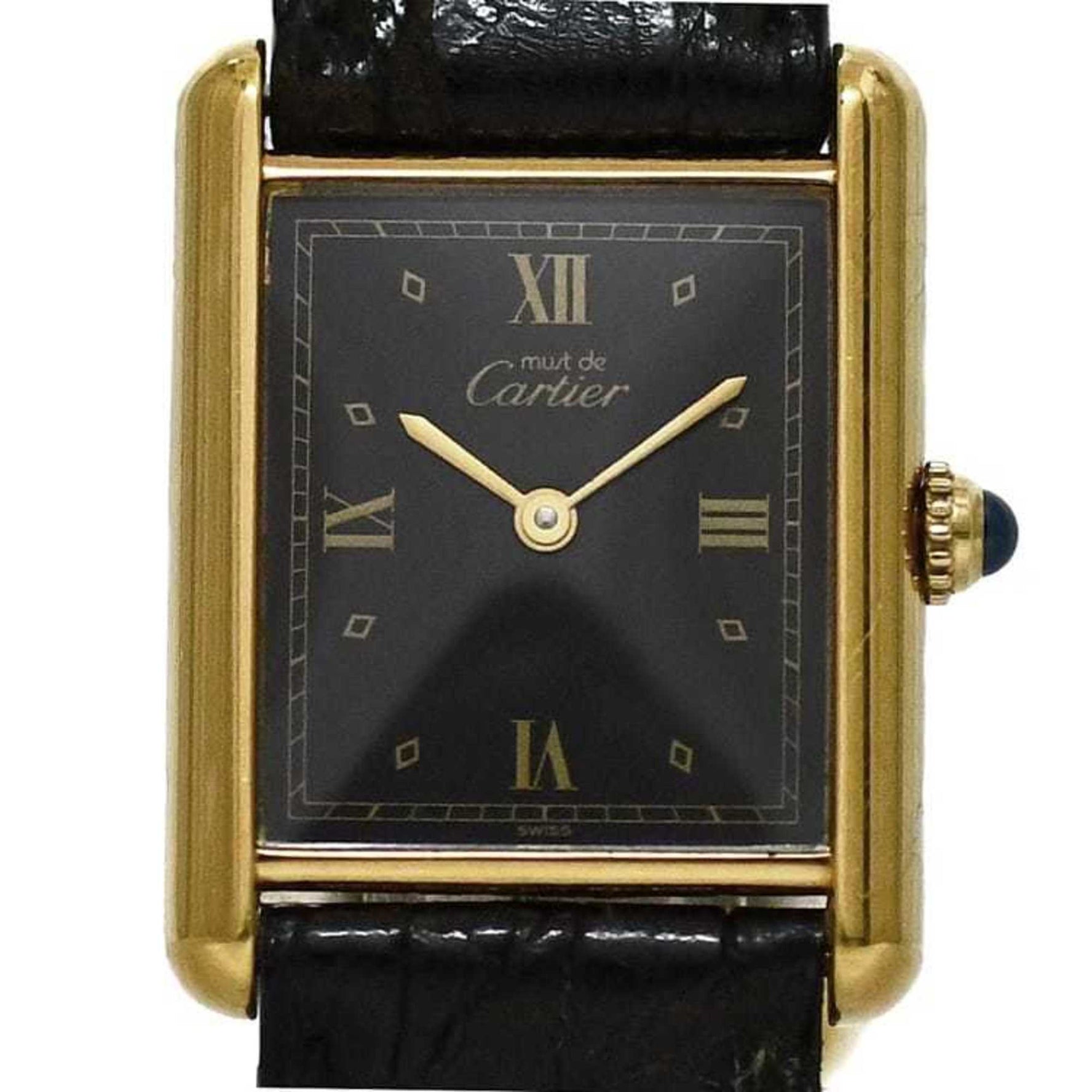 Cartier Must Tank LM Vermeil Watch Black Gold Stainless Steel GP Leather Quartz 55*** 590*** Square Battery-Operated Dial Men's