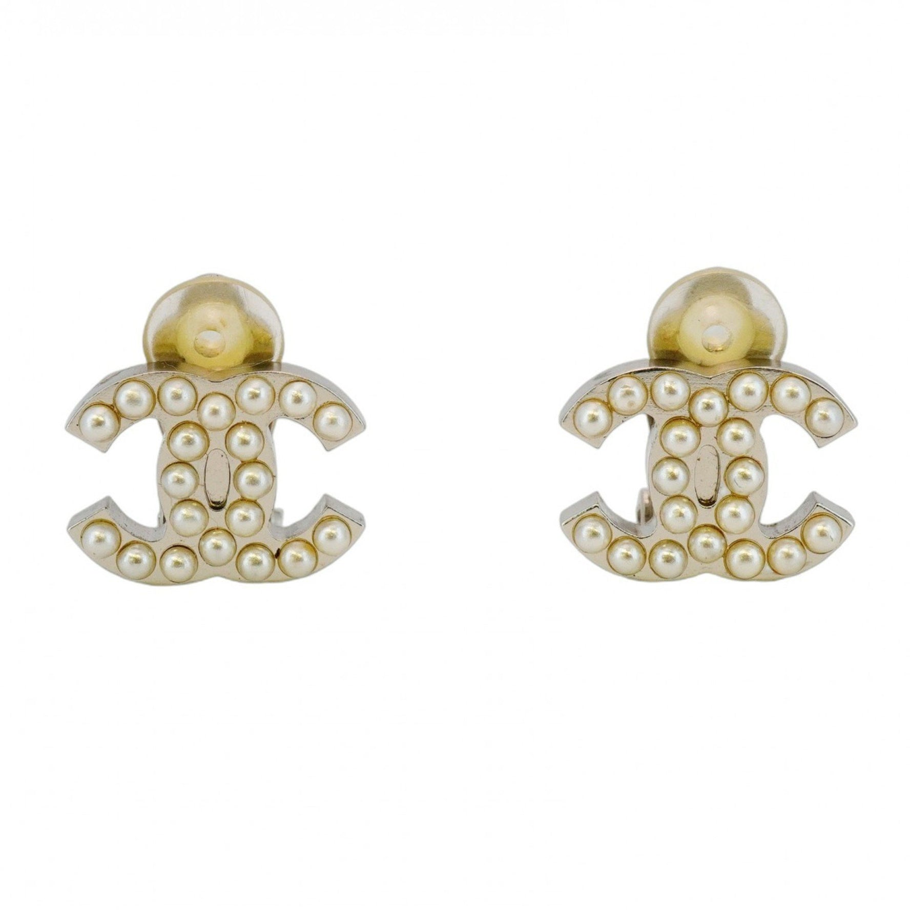 Chanel Coco Mark Metal Faux Pearl Silver Earrings for Women