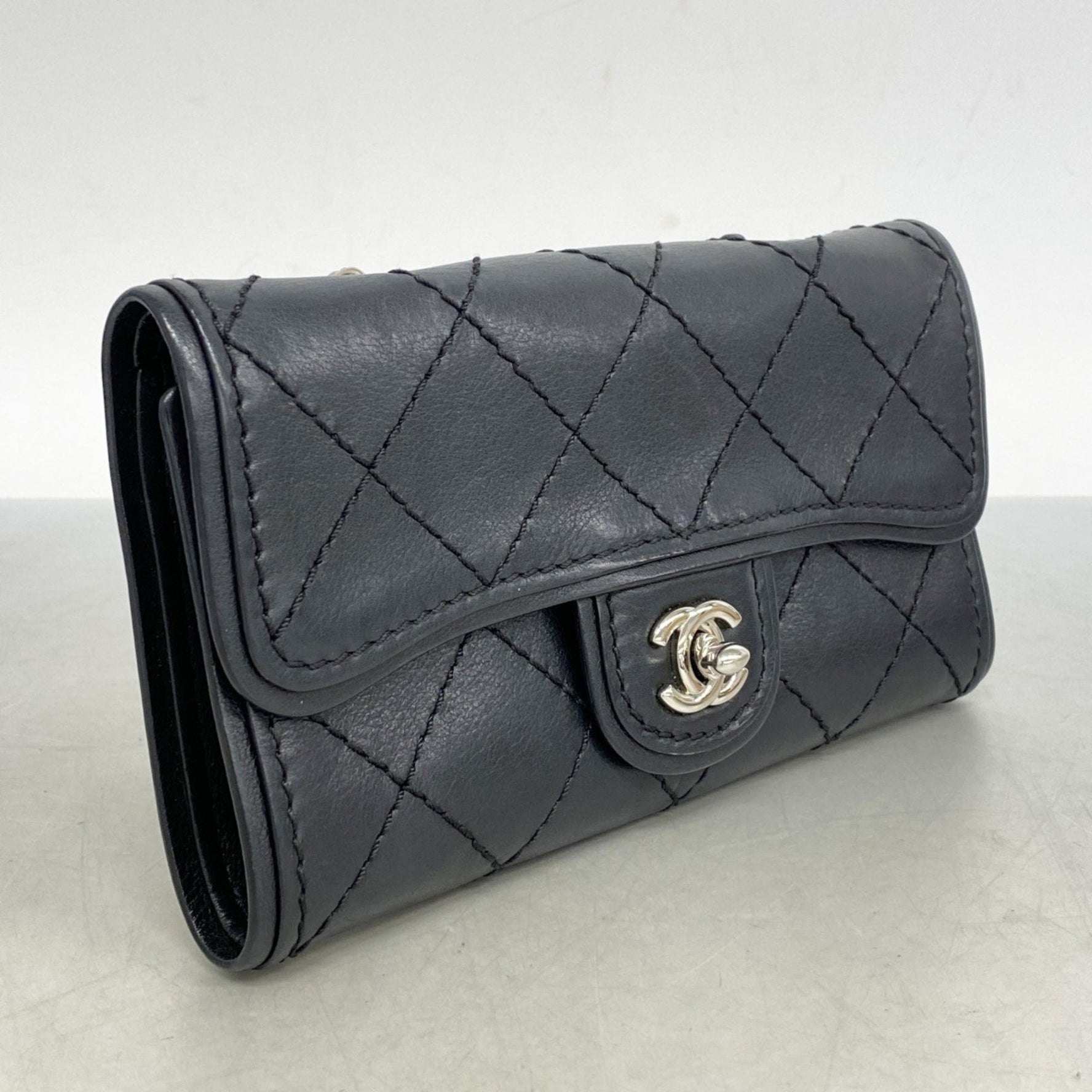 Chanel Shoulder Bag Wild Stitch Chain Leather Black Women's