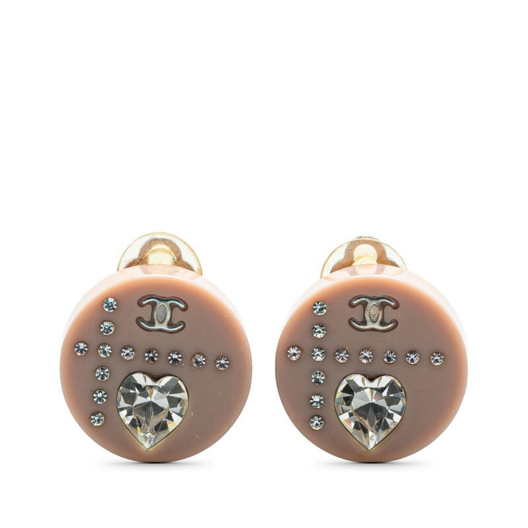 Chanel Coco Mark Heart Motif Rhinestone Earrings Silver Pink Metal Women's CHANEL