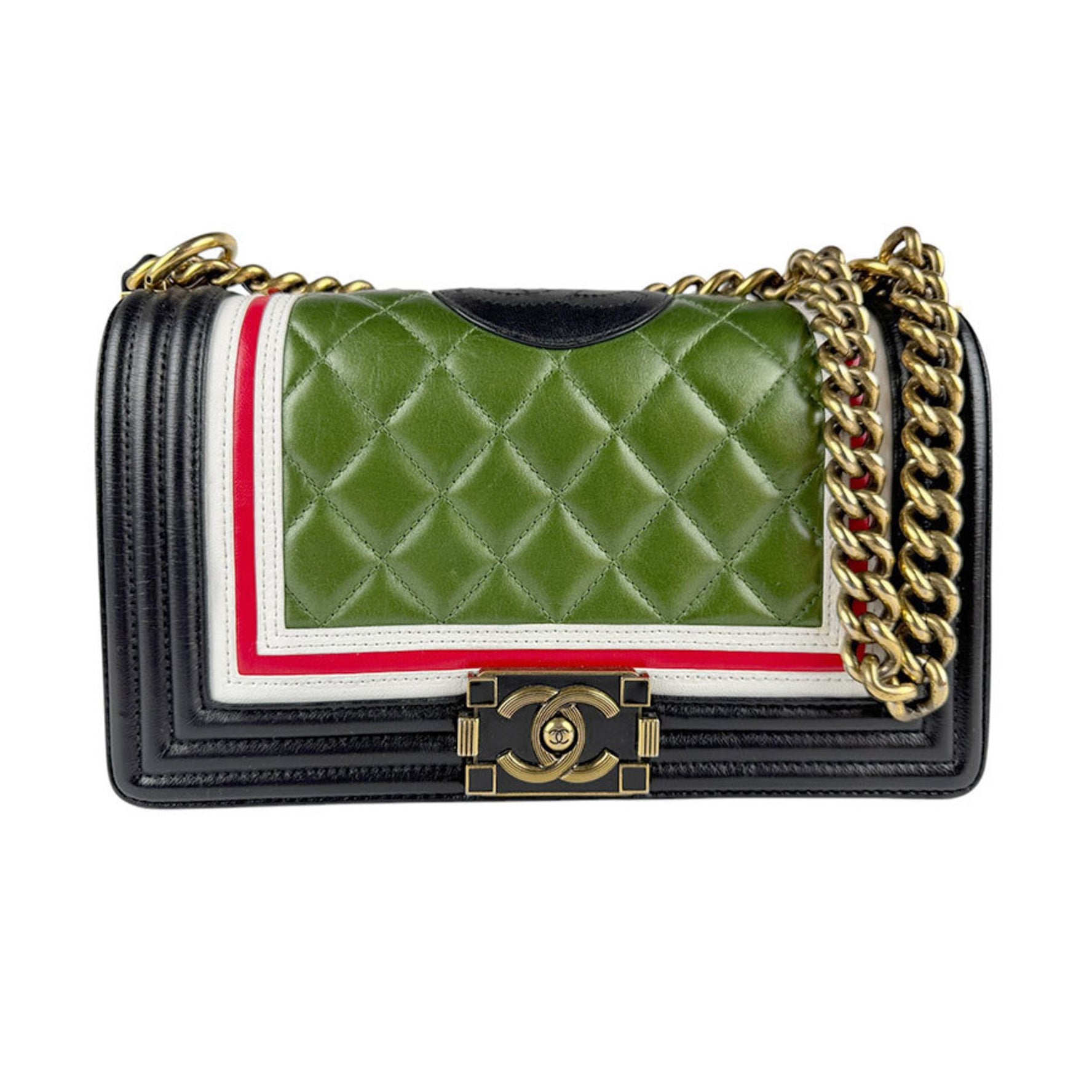CHANEL Shoulder Bag Boy Leather Green Black Gold