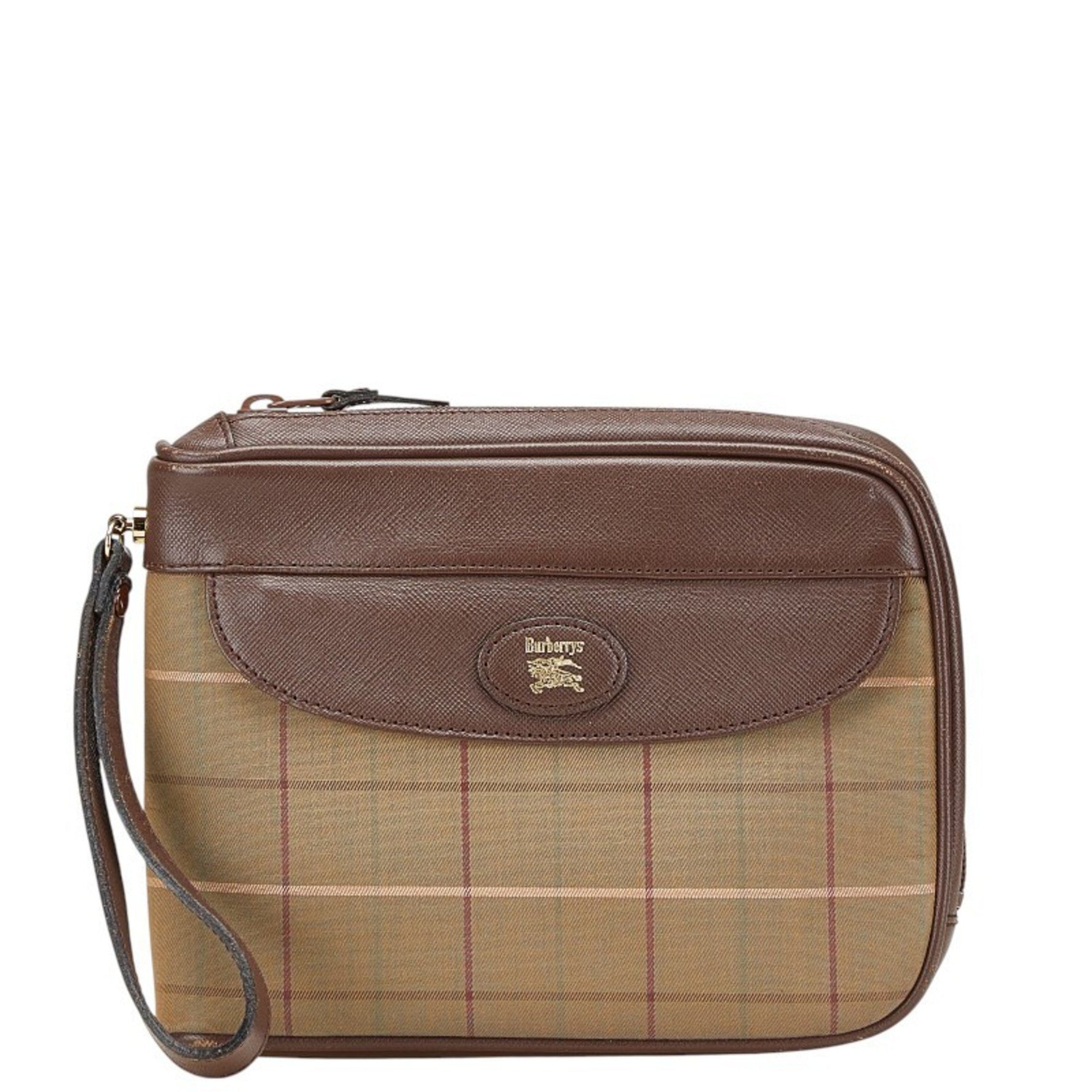 Burberry Check Pouch Clutch Bag Khaki Brown Multicolor Canvas Leather